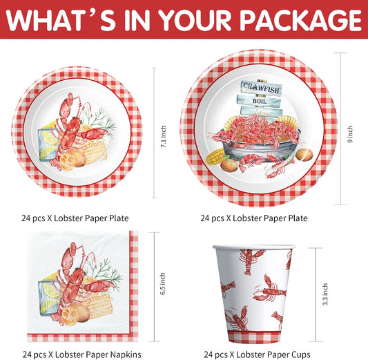 Crawfish Boil Party Supplies, Lobster Crab Seafood Boil Party Decorations Tableware for Birthday Baby Shower, Paper Plate, Cup, Napkin, Tablecloth, Disposable Cutlery, Serves 24