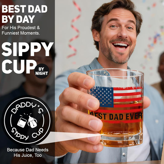 New Dad Gifts - Daddy‘S Sippy Cup Whiskey Glass Gift Set with Ice Ball Mold, 10Oz “Best Dad Ever” Patriotic Glass, Funny Unique Present for Father‘S Day, Birthday & Christmas