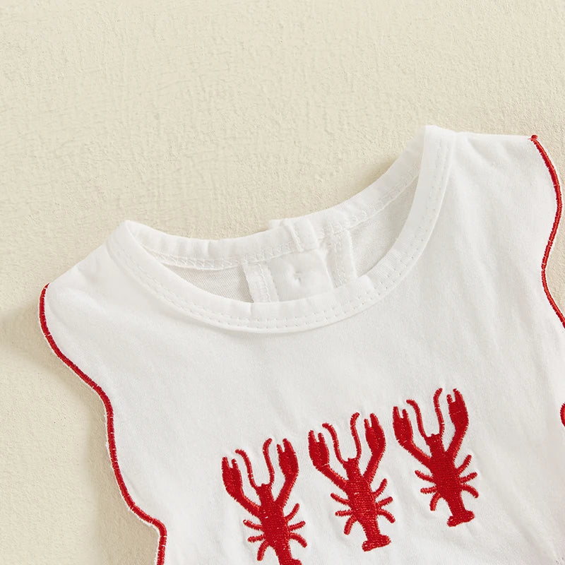 0-18M Newborn Baby Girl Smocked Crawfish Outfit Lobster Bubble Romper Bow Sleeveless Striped Bodysuit Summer Clothes