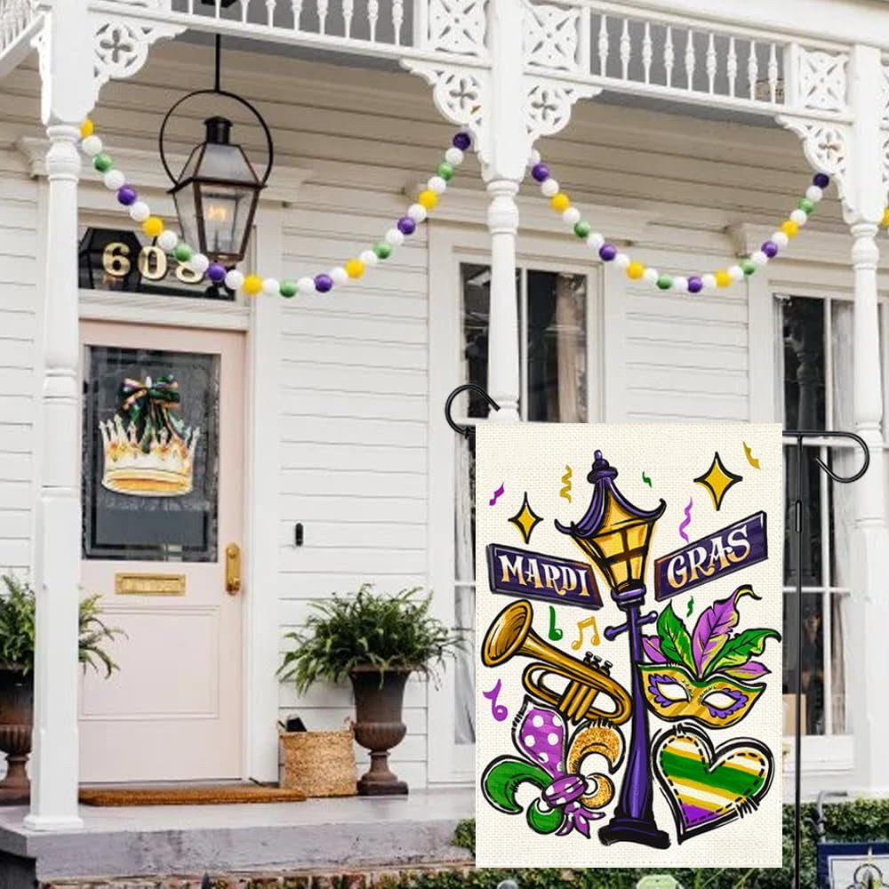 Mardi Gras Garden Flag 12X18 Inch Double Sided Outdoor Decoration, Street Lamp Fleur De Lis Mask New Orleans Carnival Party Supplies Purple Green Gold Festival Accessories