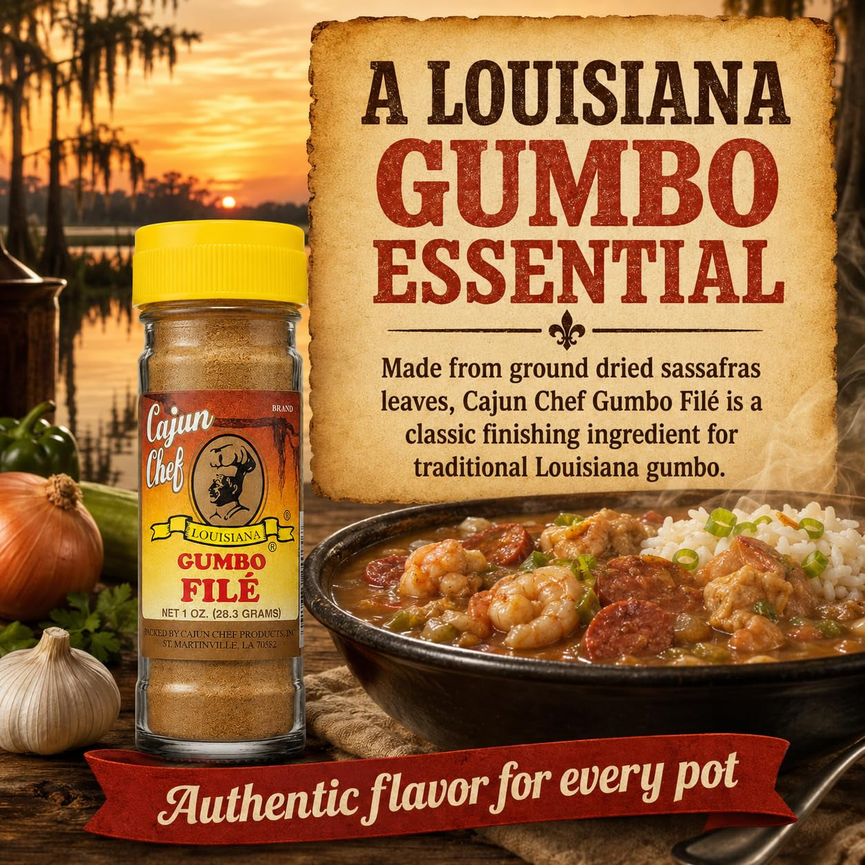 Gumbo File Powder 1 Oz, Ground Sassafras Leaves for Authentic Louisiana Gumbo, Cajun and Creole Seasoning for Soups, Stews, Jambalaya and Etouffee