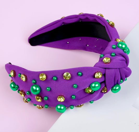 Mardi Gras Headband for Women Pearl Rhinestone Women Headbands Knotted Head Band for WomenโS Hair Carnival Party Purple Green Gold Headpiece Mardi Gras Outfits Hair Accessories