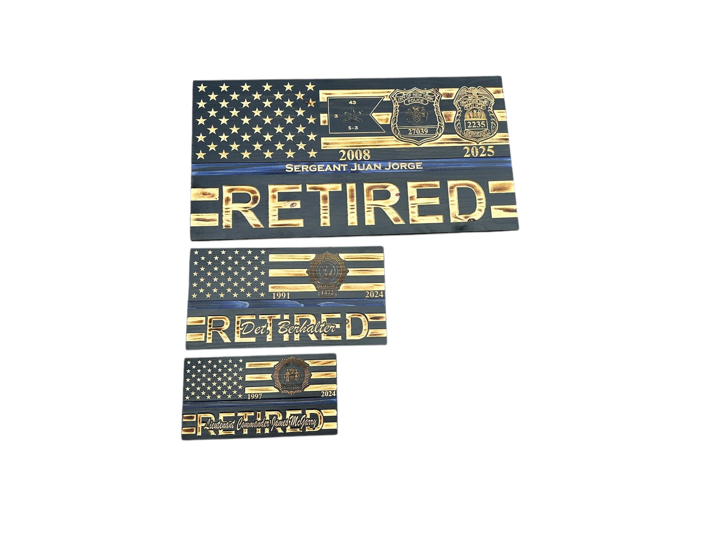 Custom Retirement Wooden American Flag with Engraved Badges