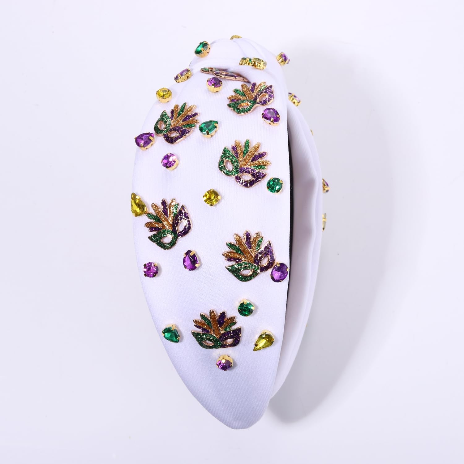 Mardi Gras Headband for Women Crown Fleur De Lis Mask Headbands Green Purple Gold Rhinestone Pearl Jeweled Knotted Headband Mardi Gras Accessories Outfits Carnival Parade Party Favors (Mask a - White)