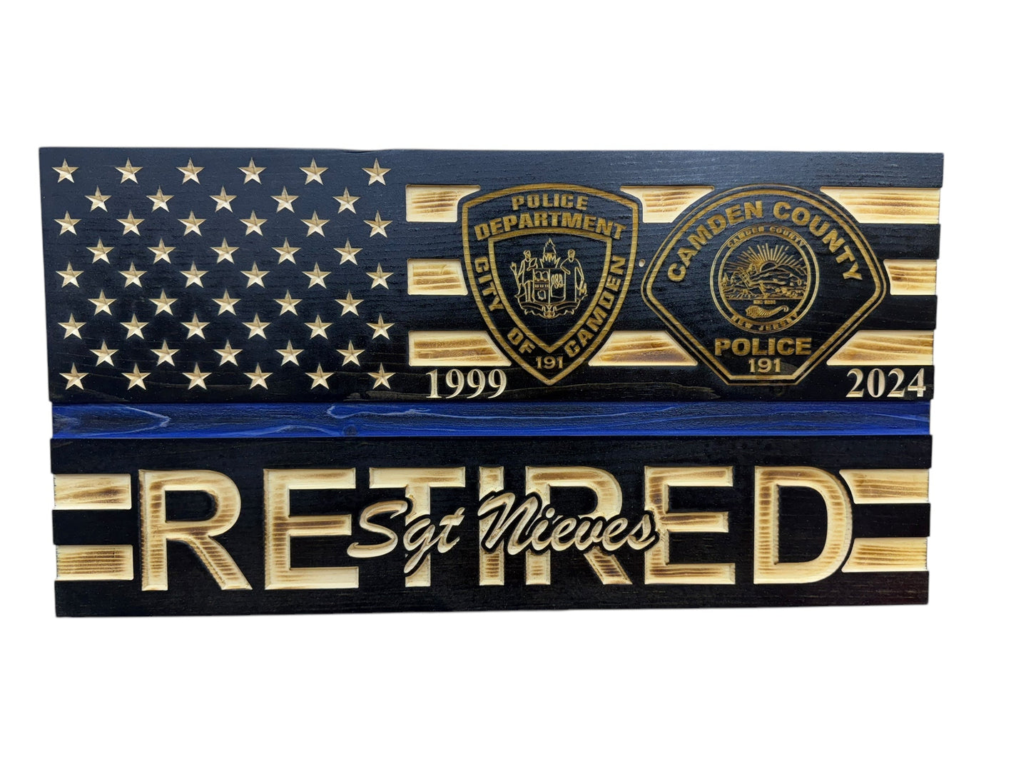 Custom Retirement Wooden American Flag with Engraved Badges
