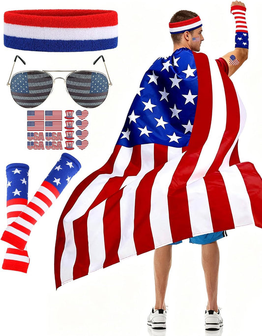 5PCS 4Th of July American Flag Cape Costume USA Patriotic Cape with Headband and Glasses American Flag Cloak, Independence Day Halloween Party Accessories for Men Women Blue