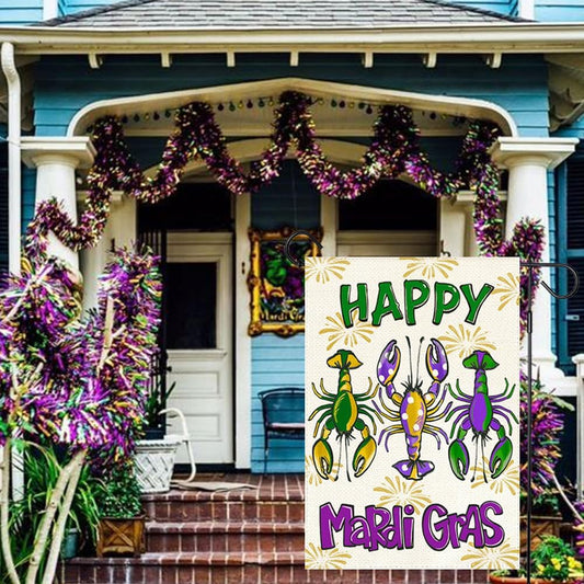 Happy Mardi Gras Crawfish Garden Flag 12X18 Inch Double Sided Outdoor Decoration, Fat Tuesday Lobster New Orleans Carnival Party Supplies Purple Green Gold Festival Accessories