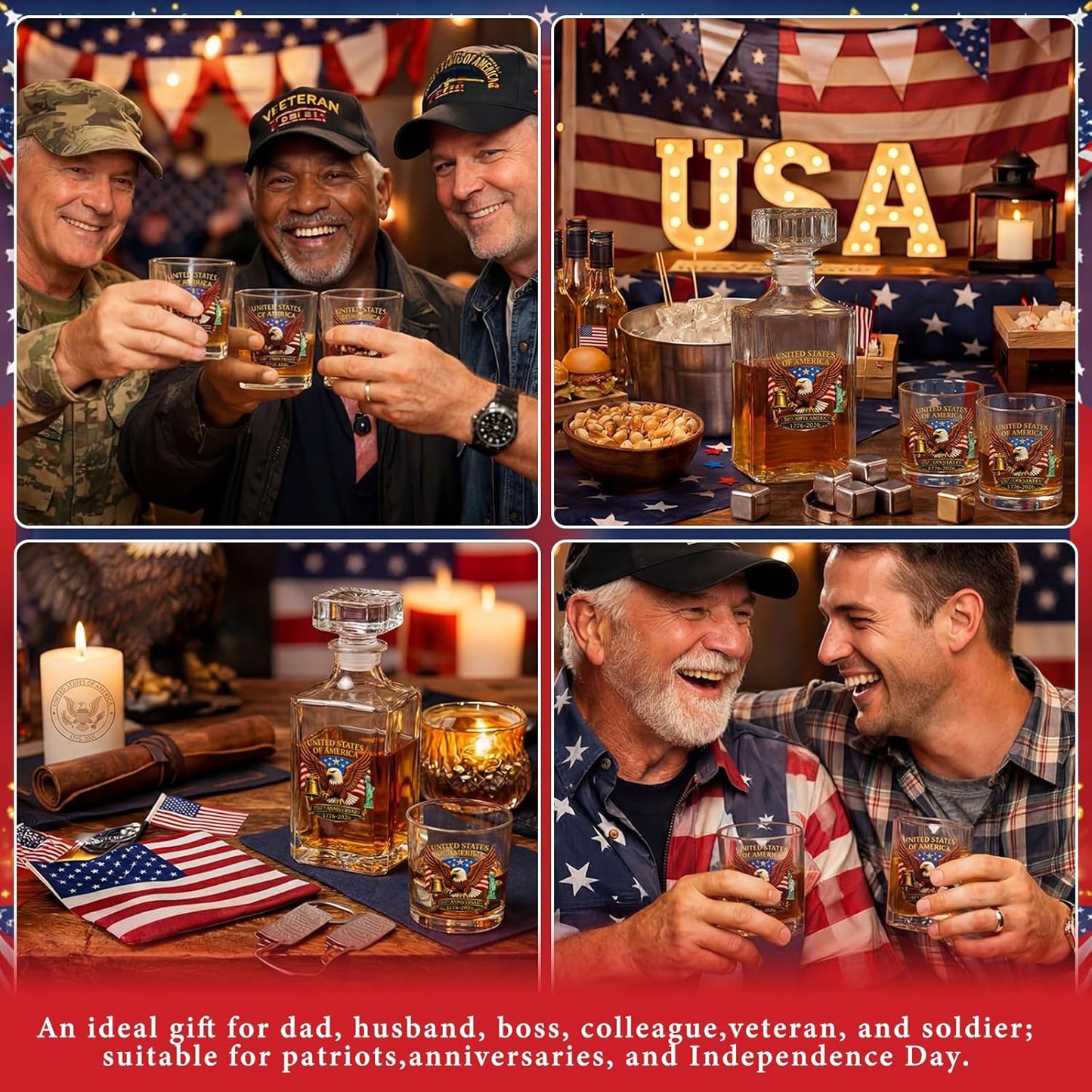 250Th Anniversary Whiskey Decanter Set with 2 Glasses, Patriotic Gift 25Oz 1776-2026 Liquor Bourbon Decanter American Flag Bottle & Glass Independence Day Gift for Men Dad Coworker Lover