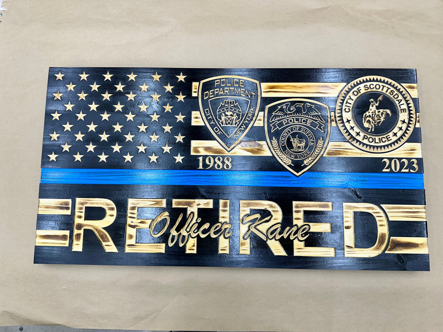 Custom Retirement Wooden American Flag with Engraved Badges