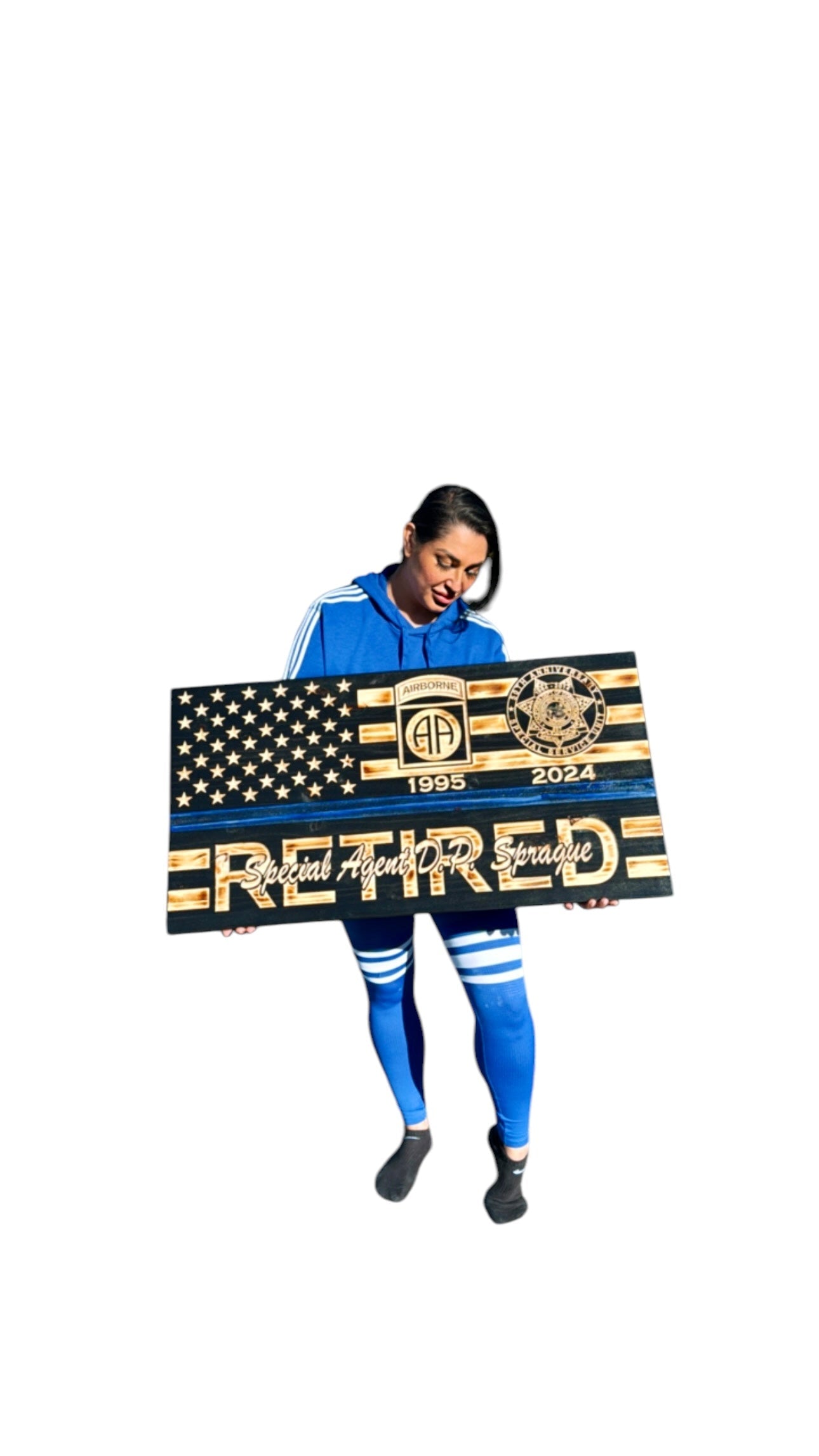 Custom Retirement Wooden American Flag with Engraved Badges