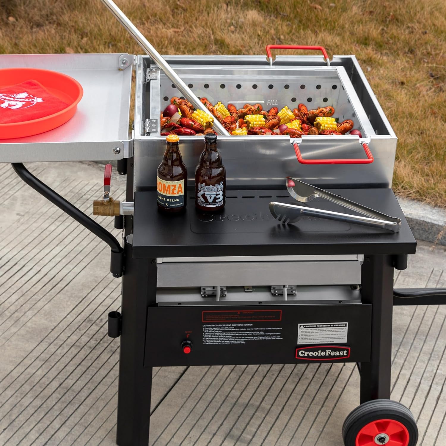 CFB1001A 90 QT Crawfish Boiler, Outdoor Single Sack Propane Gas Cooker with Folding Cylinder Mounting Bracket and Stirring Paddle for Seafood & Crawfish Season, Black