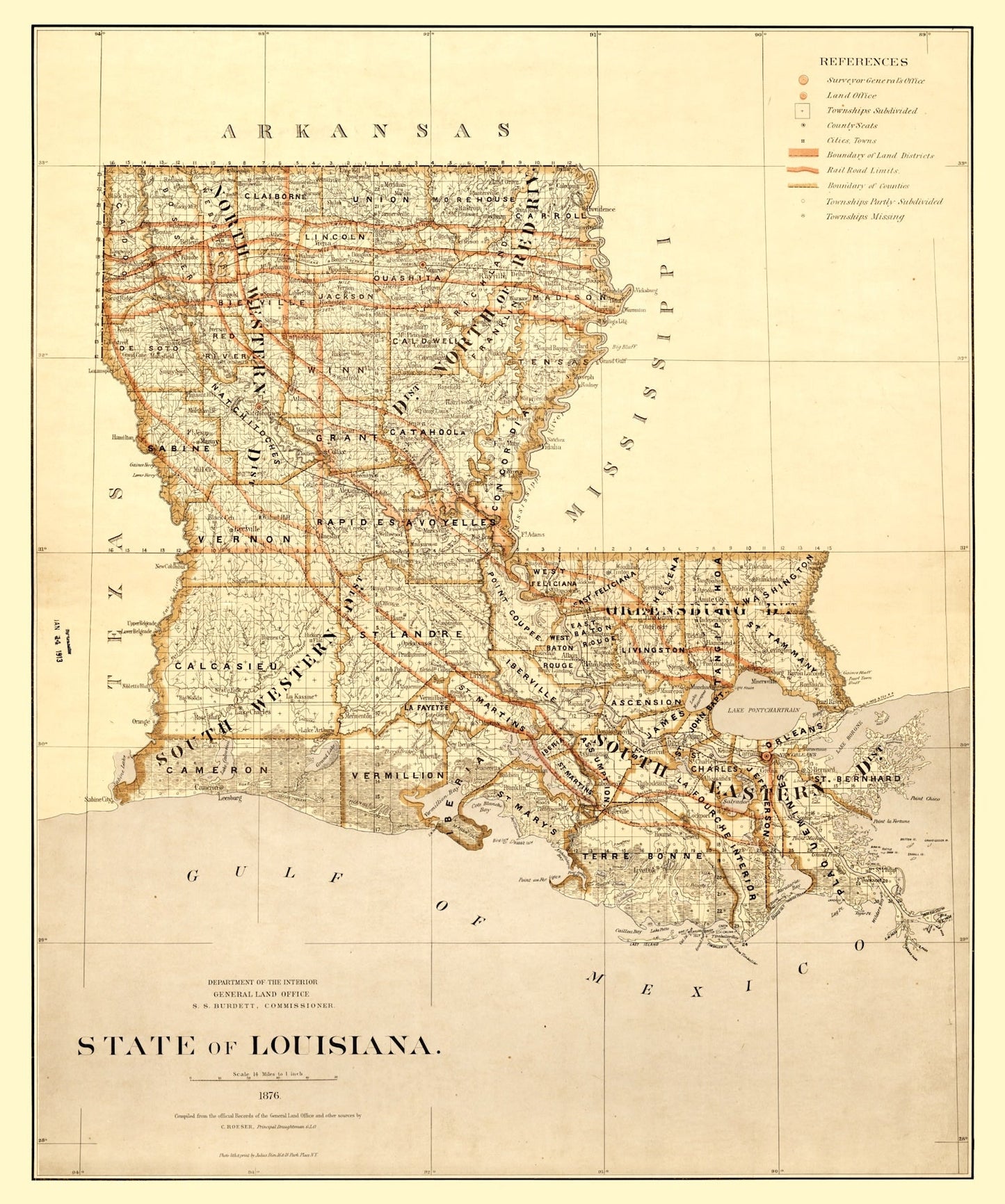 Vintage Map of Louisiana 1876