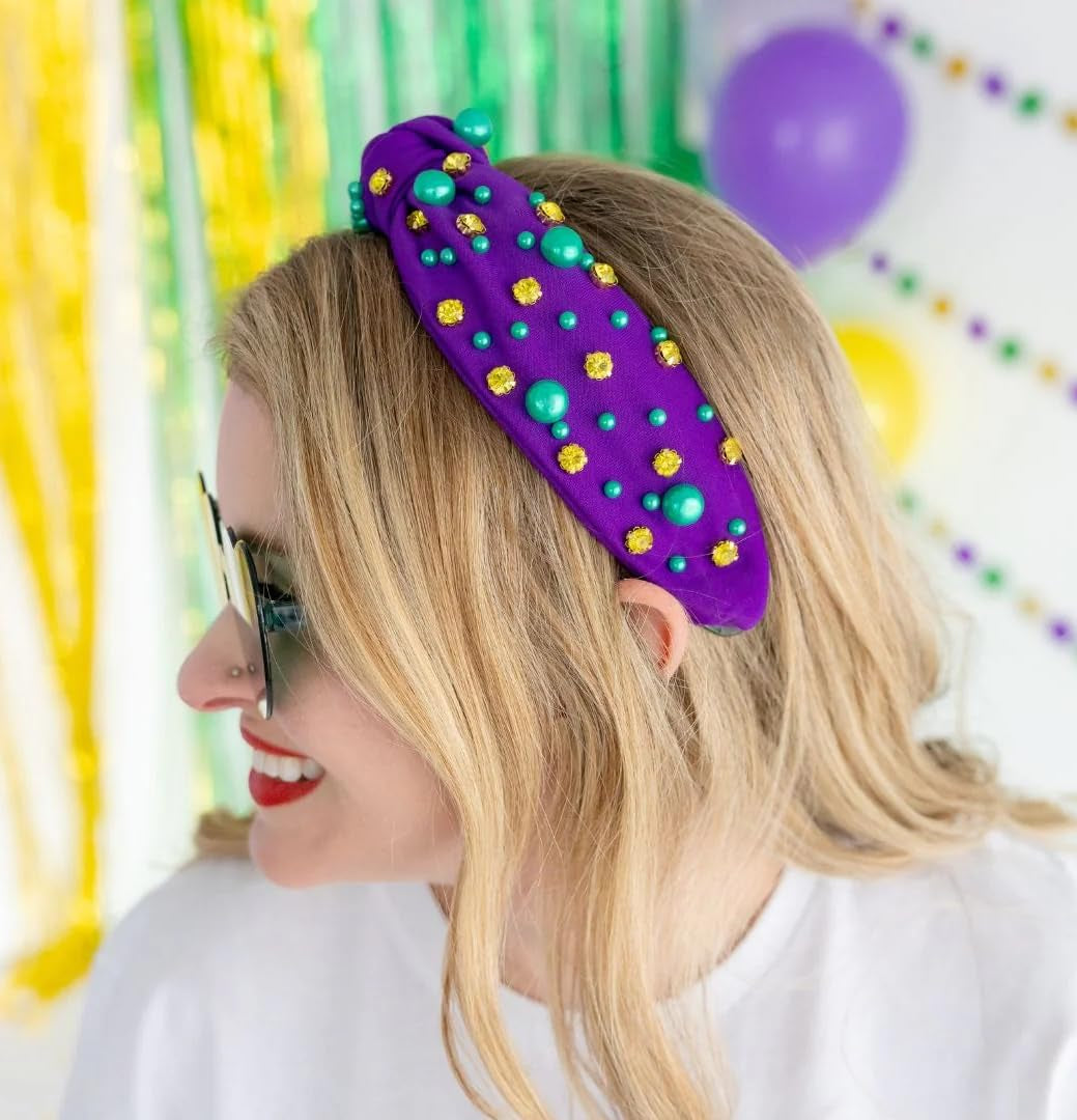 Mardi Gras Headband for Women Pearl Rhinestone Women Headbands Knotted Head Band for Women’S Hair Carnival Party Purple Green Gold Headpiece Mardi Gras Outfits Hair Accessories