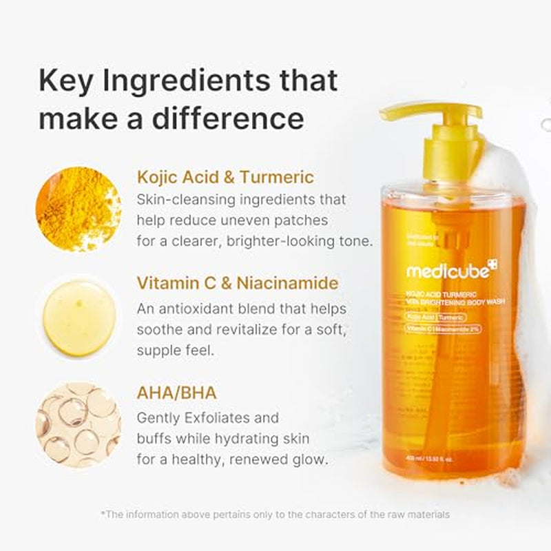 Kojic Acid Brightening Body Care Duo: Turmeric Body Peel Shot and Kojic Acid Body Wash | for Brightening, Exfoliating with Citrus Scent for Fresh Shower Routine