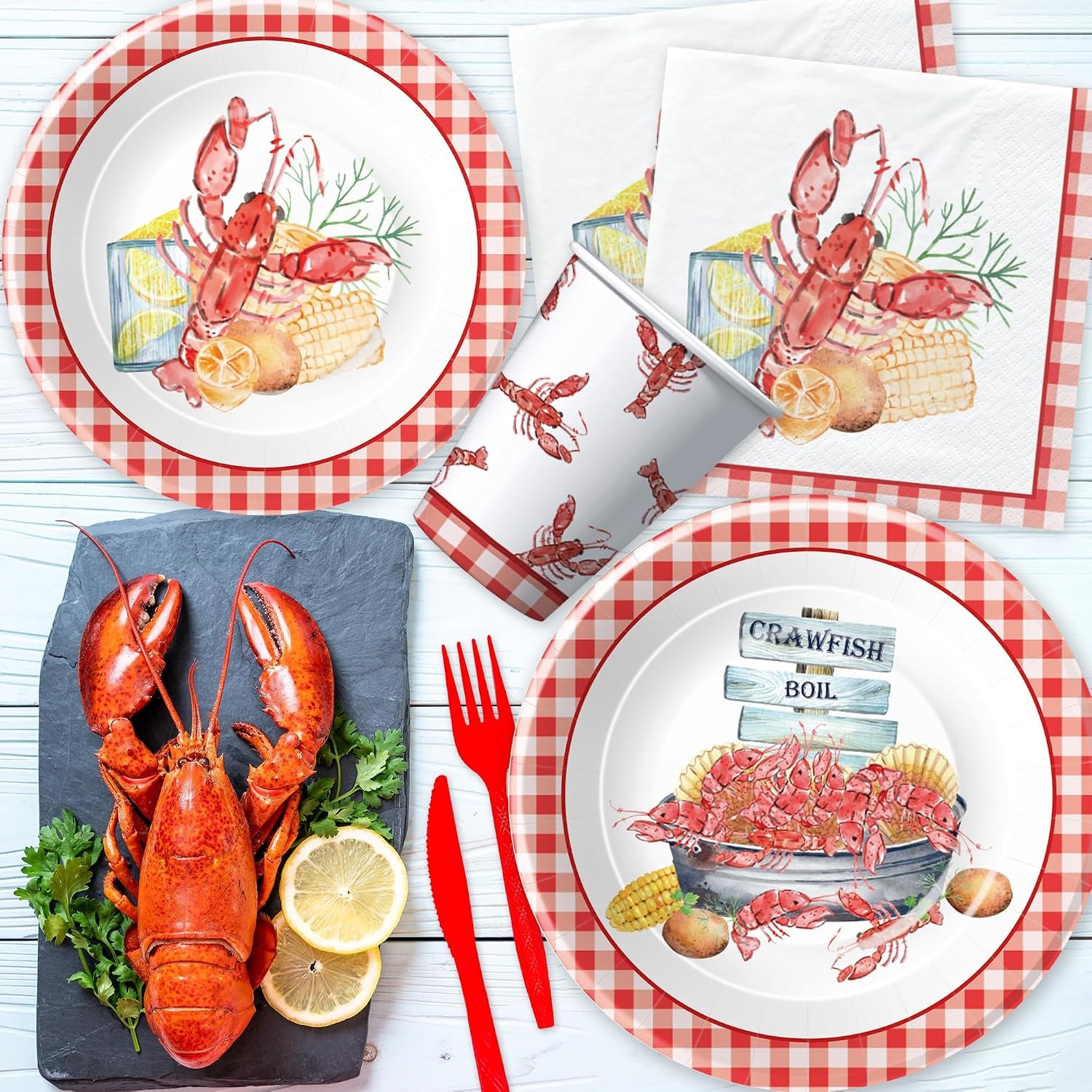 Crawfish Boil Party Supplies, Lobster Crab Seafood Boil Party Decorations Tableware for Birthday Baby Shower, Paper Plate, Cup, Napkin, Tablecloth, Disposable Cutlery, Serves 24