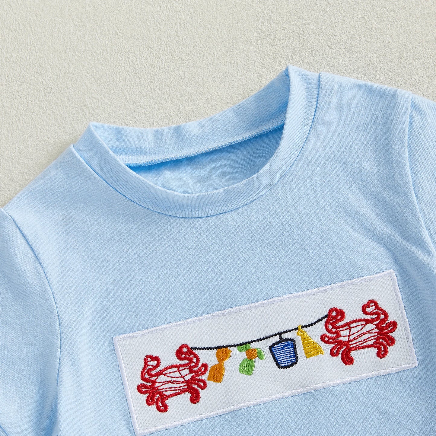 Toddler Baby Boy Summer Outfit Crab Lobster Embroidered Short Sleeve T-Shirts Plaid Shorts Infant Crawfish Clothes