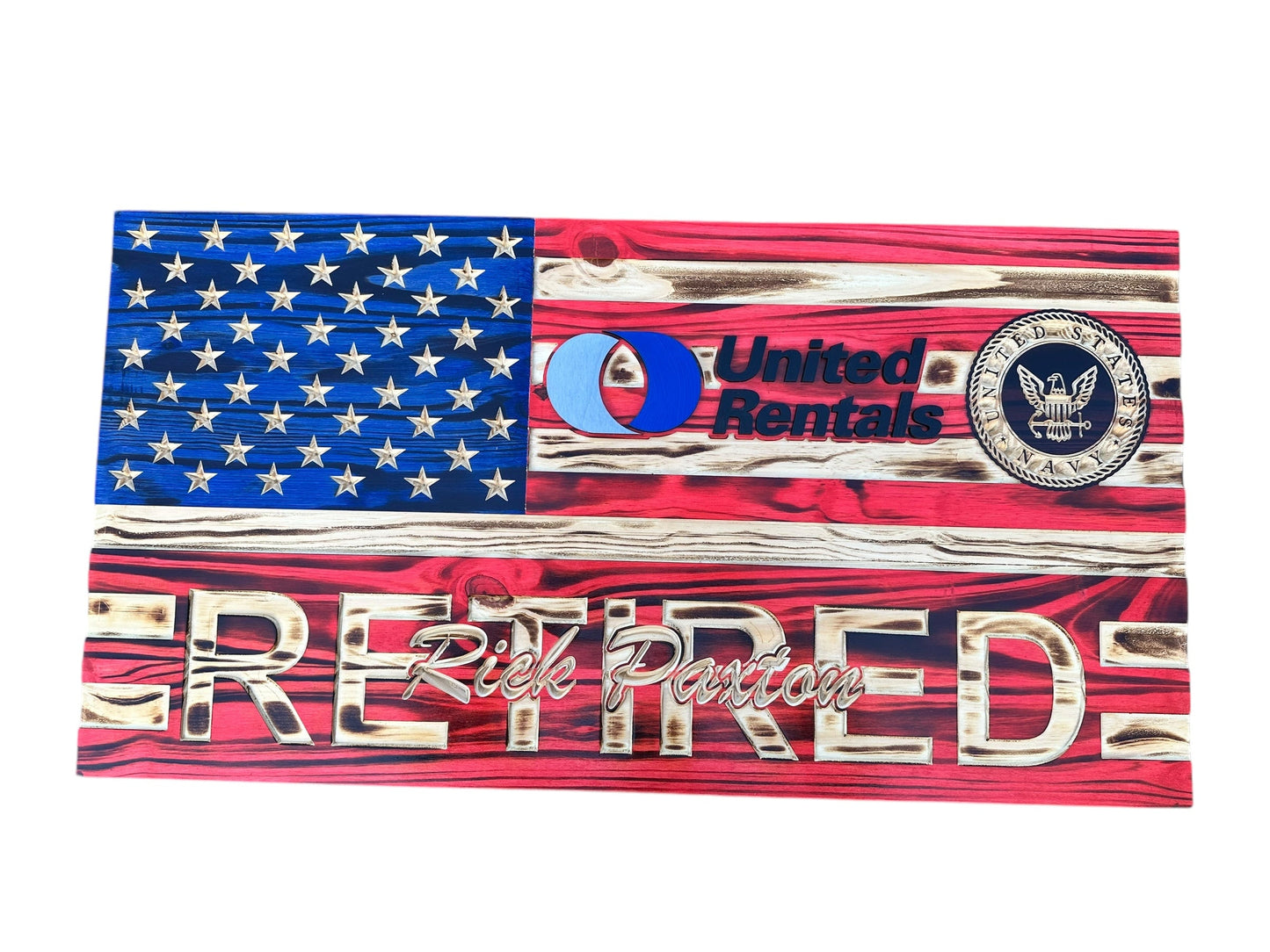 Custom Retirement Wooden American Flag with Engraved Badges