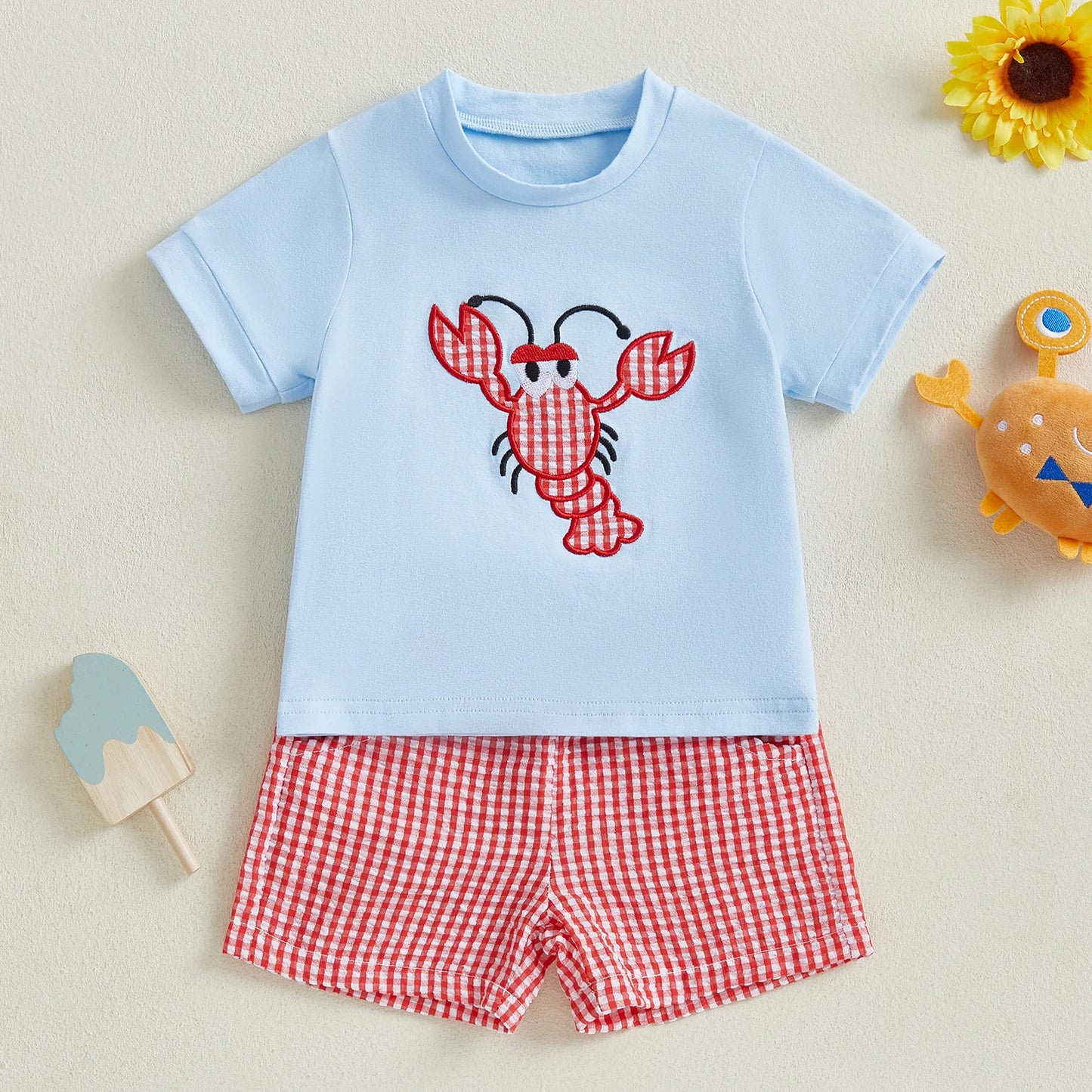 Toddler Baby Boy Summer Outfit Crab Lobster Embroidered Short Sleeve T-Shirts Plaid Shorts Infant Crawfish Clothes