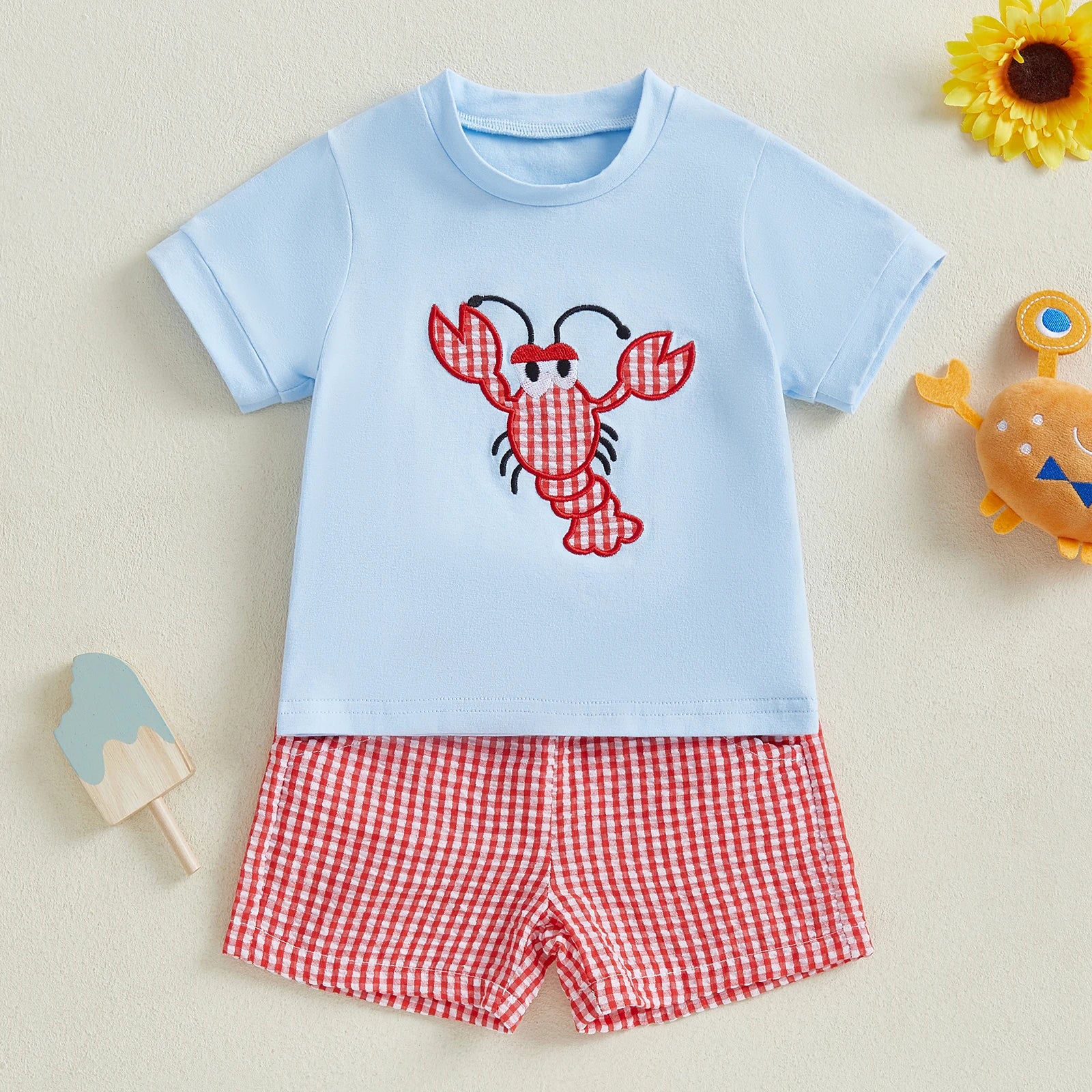 Toddler Baby Boy Summer Outfit Crab Lobster Embroidered Short Sleeve T-Shirts Plaid Shorts Infant Crawfish Clothes