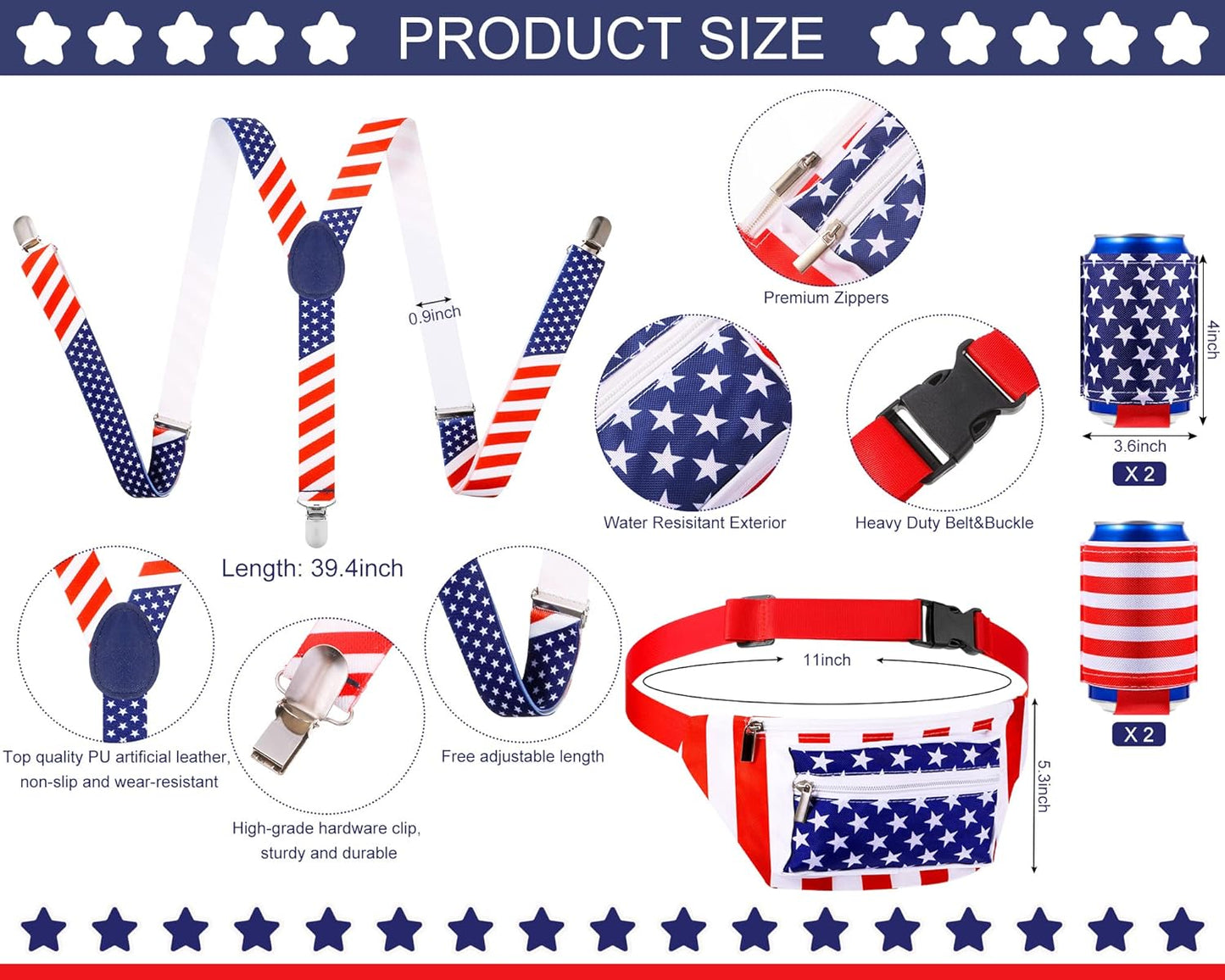 9 Pcs 4Th of July Fanny Pack American Flag Overalls 250 Years Patriotic American Flag Fanny Pack Beer Belt Suspenders Drink Holder Headband Wristband(Classic Style)
