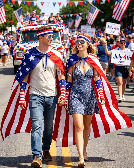 5PCS 4Th of July American Flag Cape Costume USA Patriotic Cape with Headband and Glasses American Flag Cloak, Independence Day Halloween Party Accessories for Men Women Blue