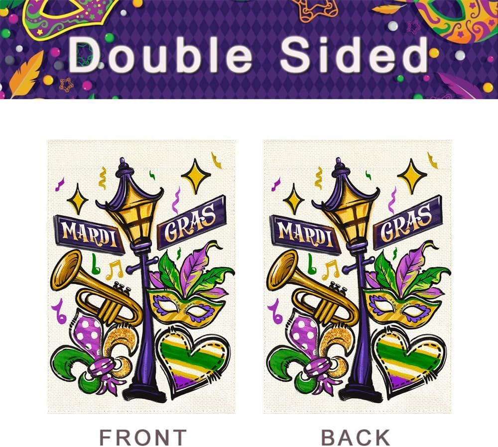 Mardi Gras Garden Flag 12X18 Inch Double Sided Outdoor Decoration, Street Lamp Fleur De Lis Mask New Orleans Carnival Party Supplies Purple Green Gold Festival Accessories