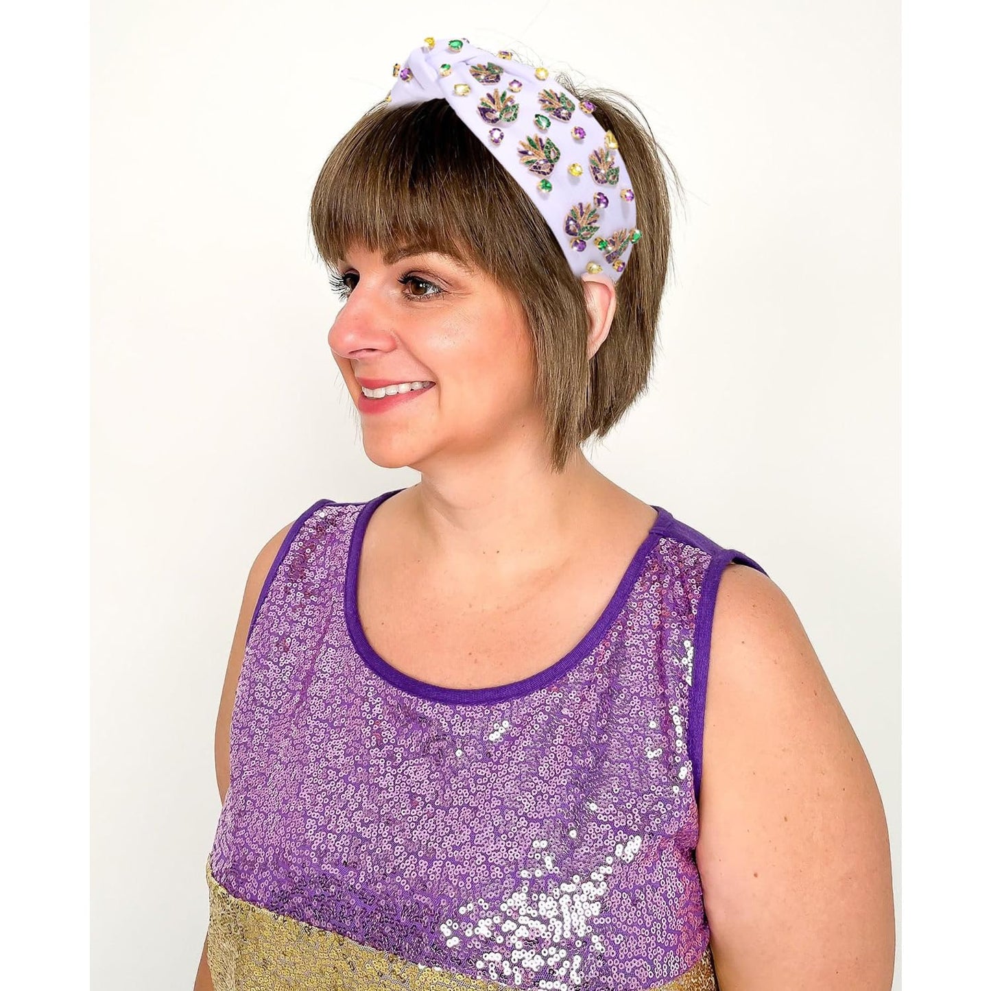 Mardi Gras Headband for Women Crown Fleur De Lis Mask Headbands Green Purple Gold Rhinestone Pearl Jeweled Knotted Headband Mardi Gras Accessories Outfits Carnival Parade Party Favors (Mask a - White)