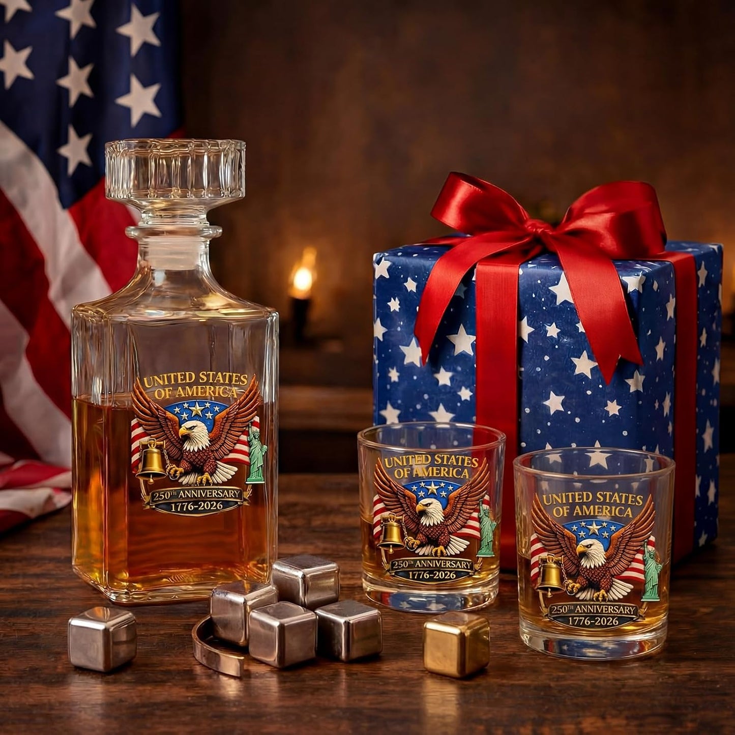 250Th Anniversary Whiskey Decanter Set with 2 Glasses, Patriotic Gift 25Oz 1776-2026 Liquor Bourbon Decanter American Flag Bottle & Glass Independence Day Gift for Men Dad Coworker Lover