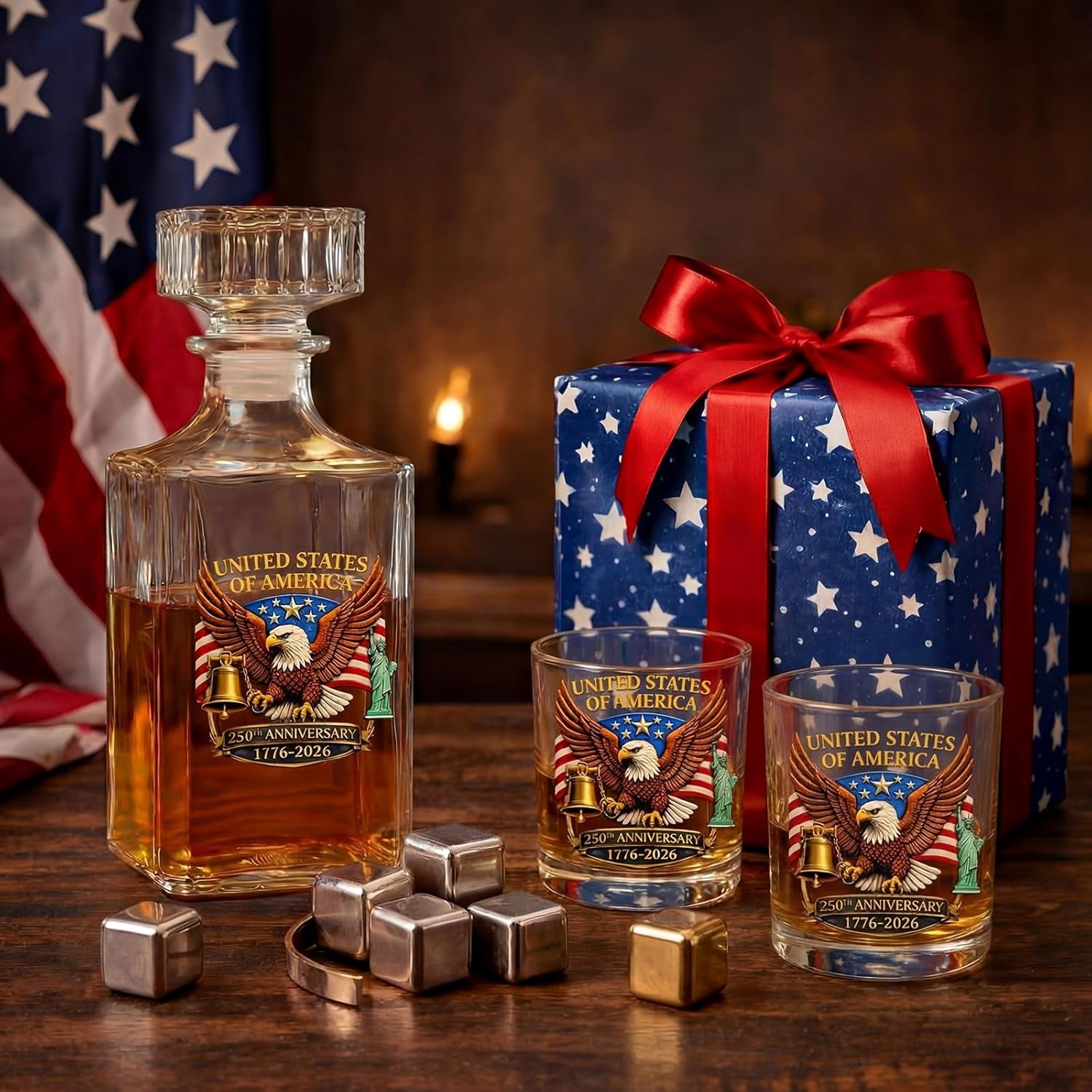 250Th Anniversary Whiskey Decanter Set with 2 Glasses, Patriotic Gift 25Oz 1776-2026 Liquor Bourbon Decanter American Flag Bottle & Glass Independence Day Gift for Men Dad Coworker Lover
