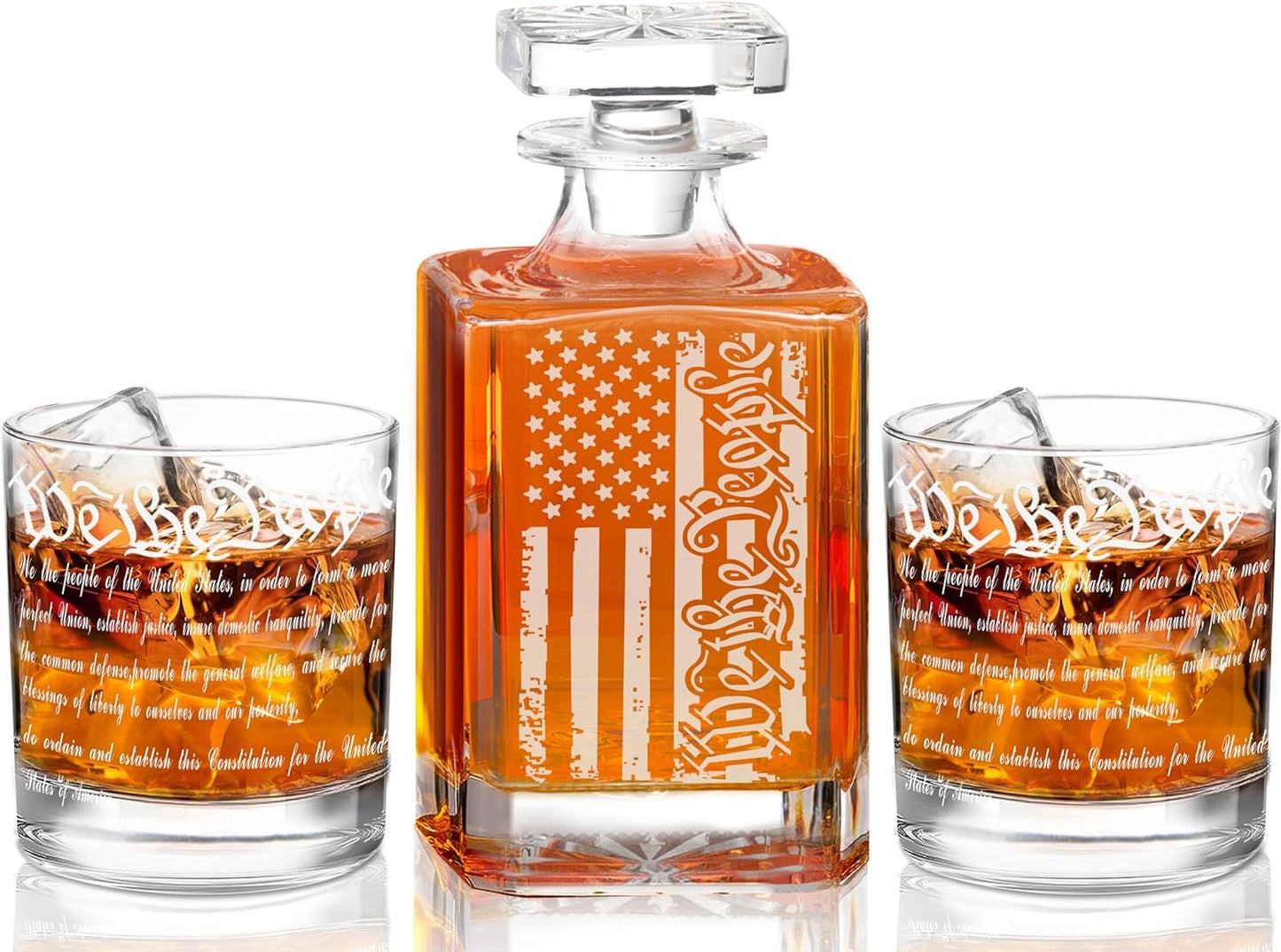 Whiskey Decanter Engraved We the People American Flag Decanter Set with 2 Glasses for Liquor Scotch Bourbon or Wine, Father'S Day Patriotic Gift