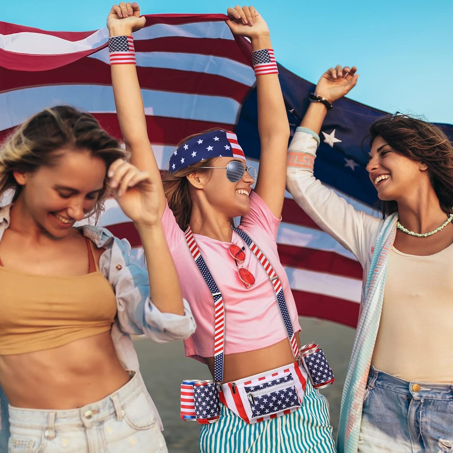 9 Pcs 4Th of July Fanny Pack American Flag Overalls 250 Years Patriotic American Flag Fanny Pack Beer Belt Suspenders Drink Holder Headband Wristband(Classic Style)
