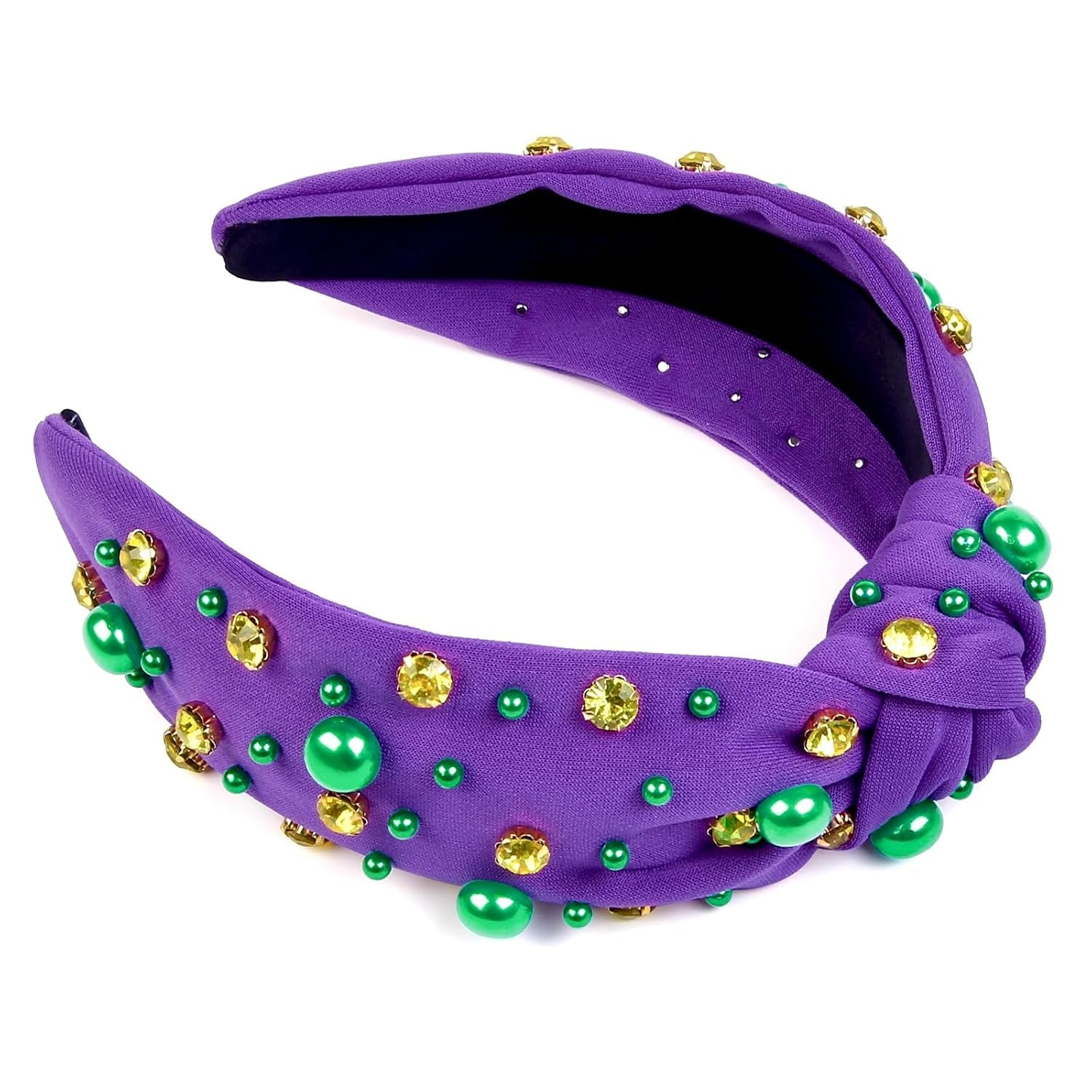 Mardi Gras Headband for Women Pearl Rhinestone Women Headbands Knotted Head Band for Women’S Hair Carnival Party Purple Green Gold Headpiece Mardi Gras Outfits Hair Accessories