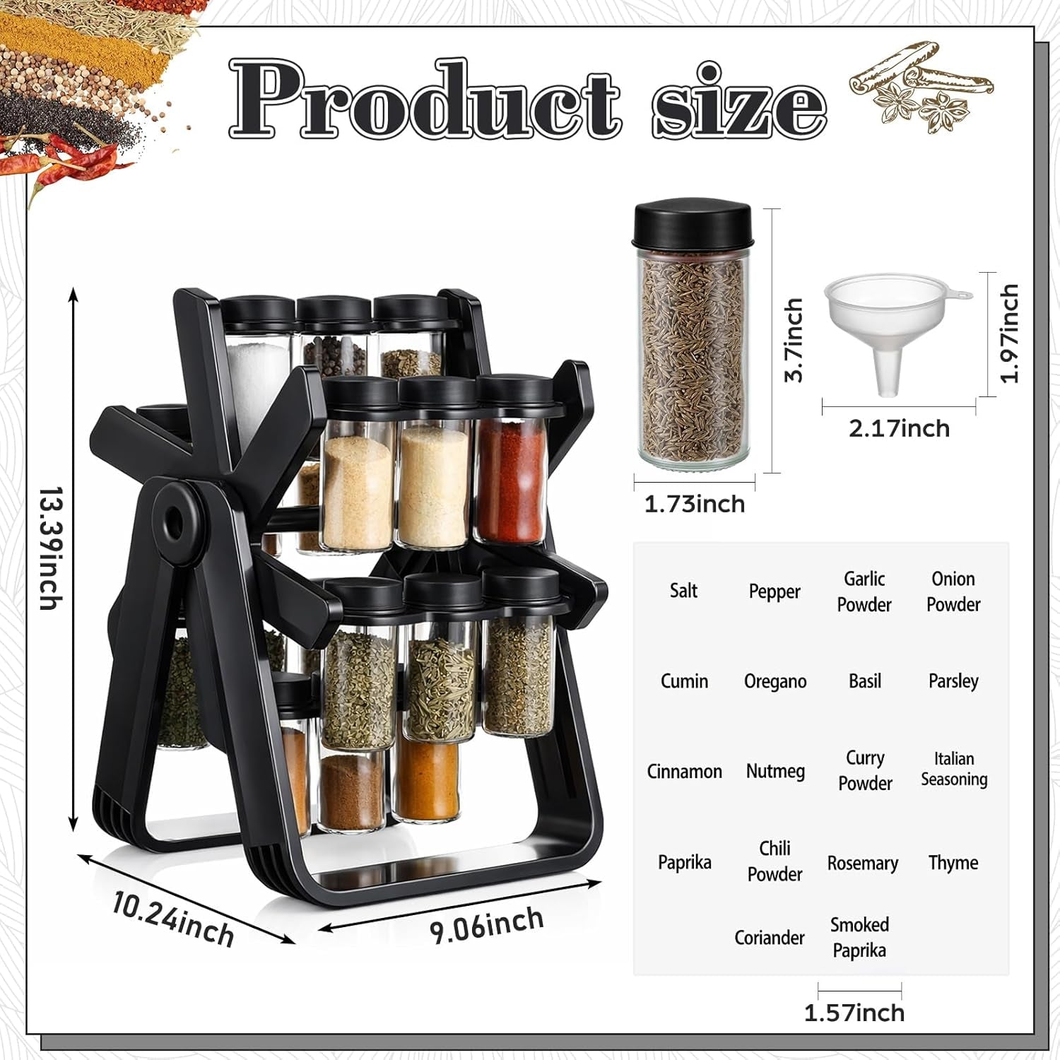 Ferris Wheel Rotating Spice Rack Seasoning Organizer with 18 Empty Jars, Spice Containers Set with Labels and Funnel, Revolving Seasoning Rack Black Kitchen Countertop Cabinet Accessories
