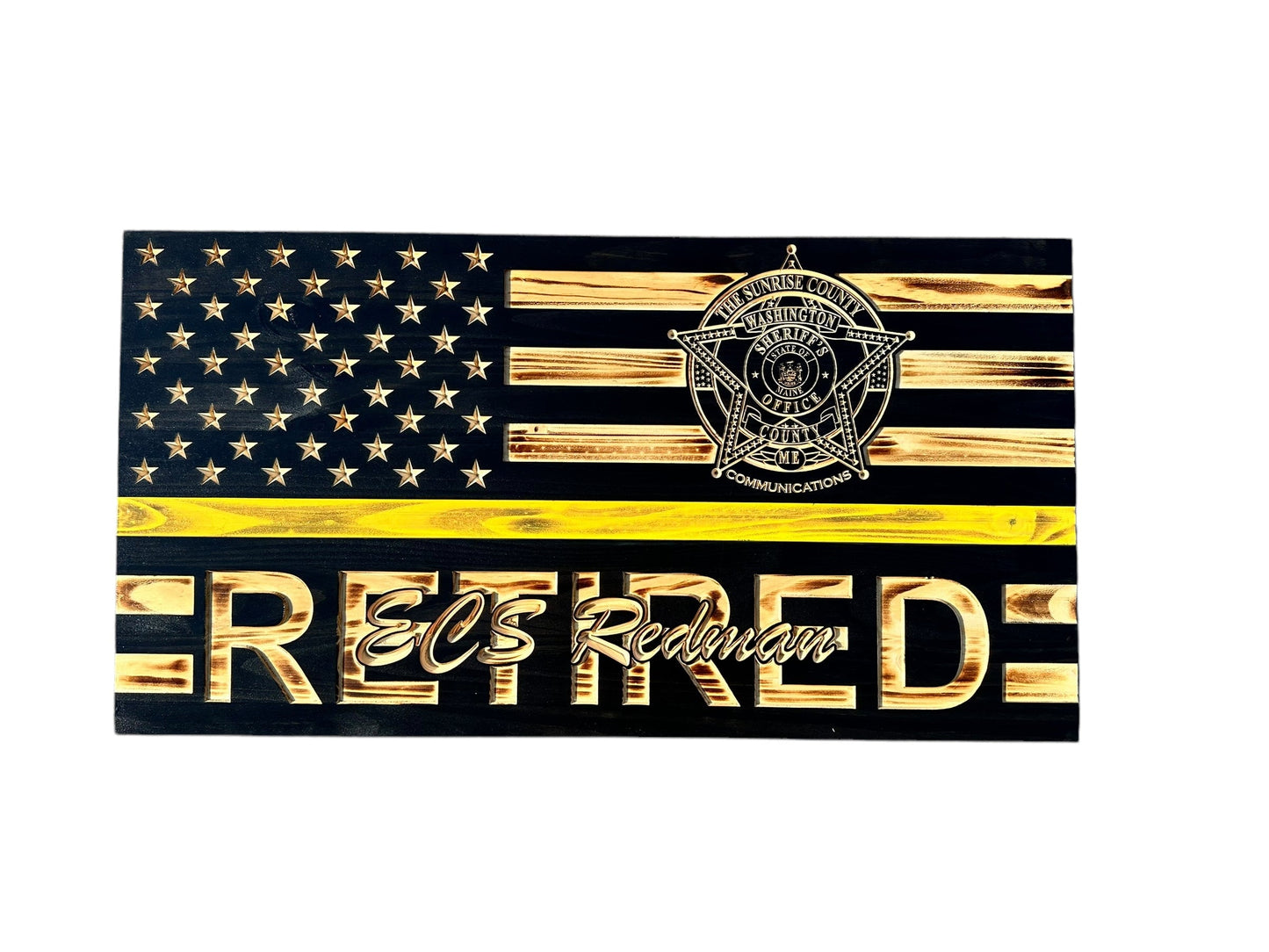 Custom Retirement Wooden American Flag with Engraved Badges