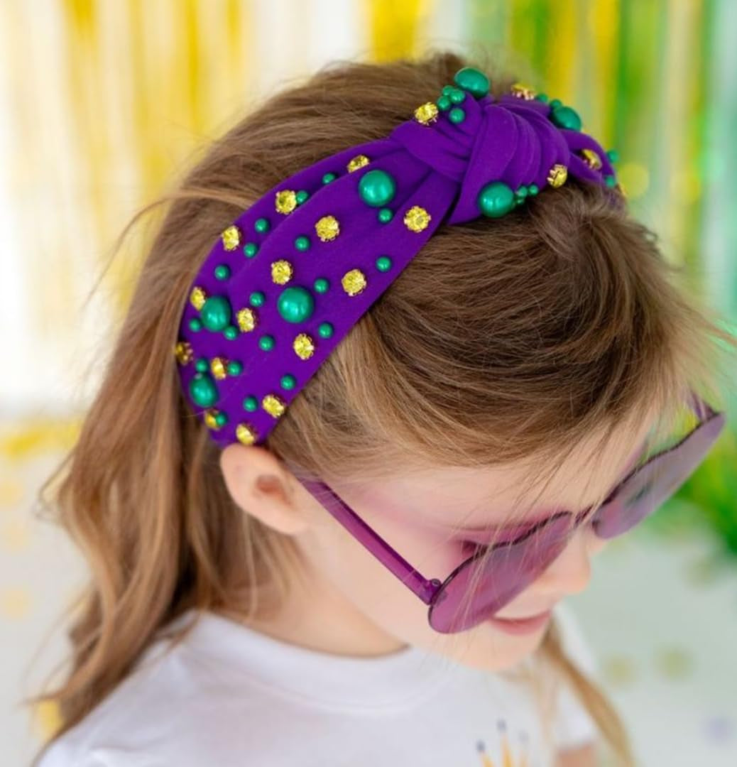 Mardi Gras Headband for Women Pearl Rhinestone Women Headbands Knotted Head Band for Women’S Hair Carnival Party Purple Green Gold Headpiece Mardi Gras Outfits Hair Accessories