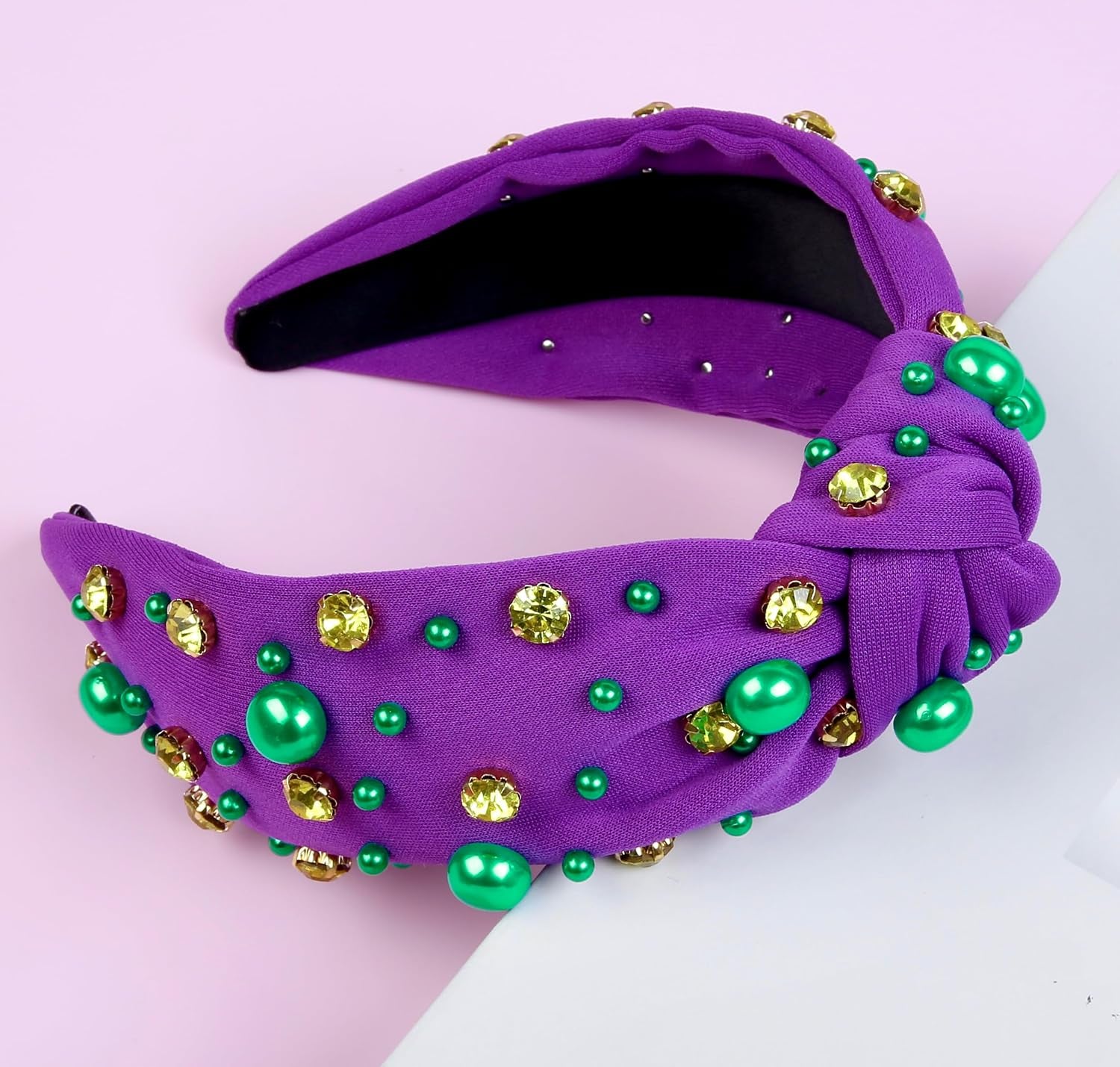 Mardi Gras Headband for Women Pearl Rhinestone Women Headbands Knotted Head Band for Women’S Hair Carnival Party Purple Green Gold Headpiece Mardi Gras Outfits Hair Accessories