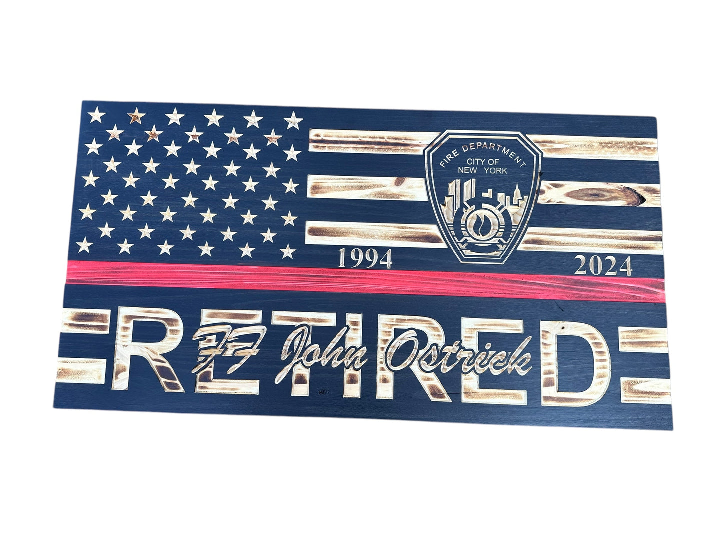 Custom Retirement Wooden American Flag with Engraved Badges