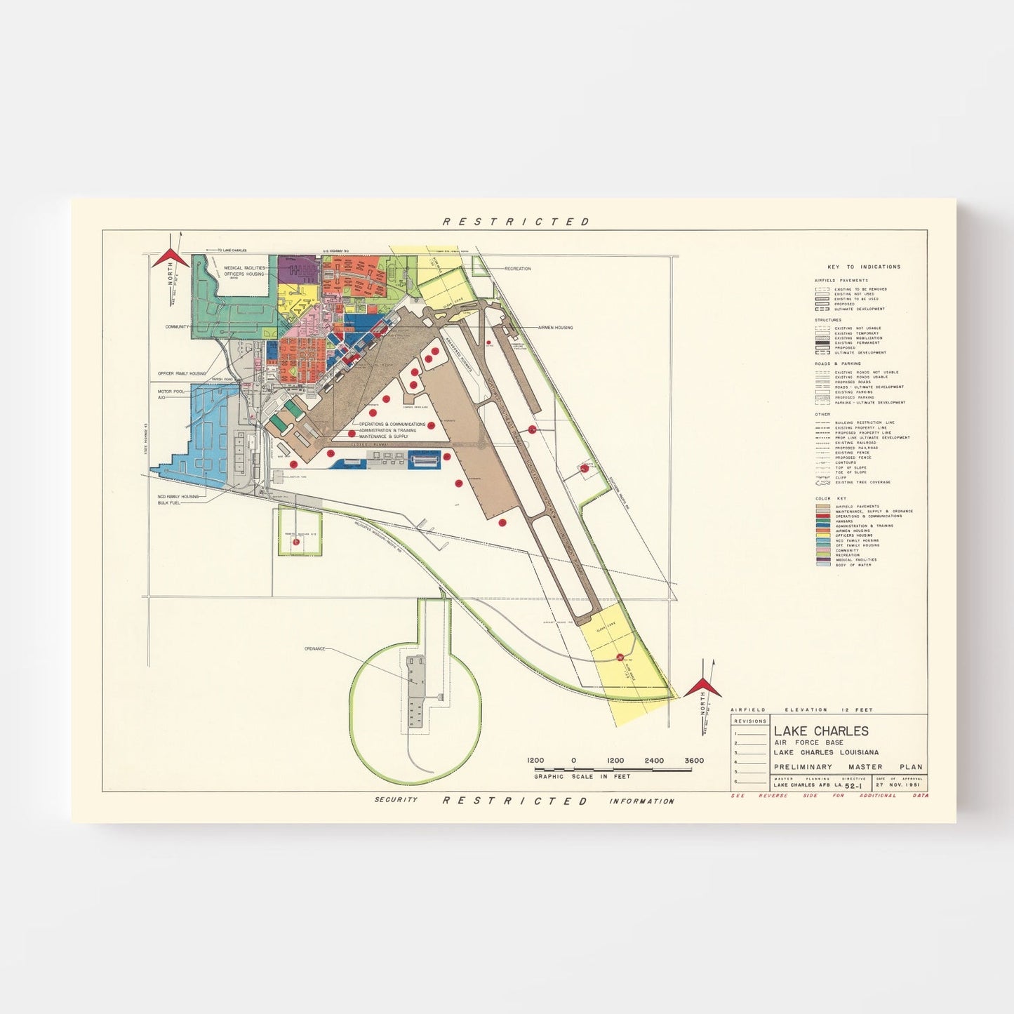 Vintage Map of Lake Charles Air Force Base, 1951