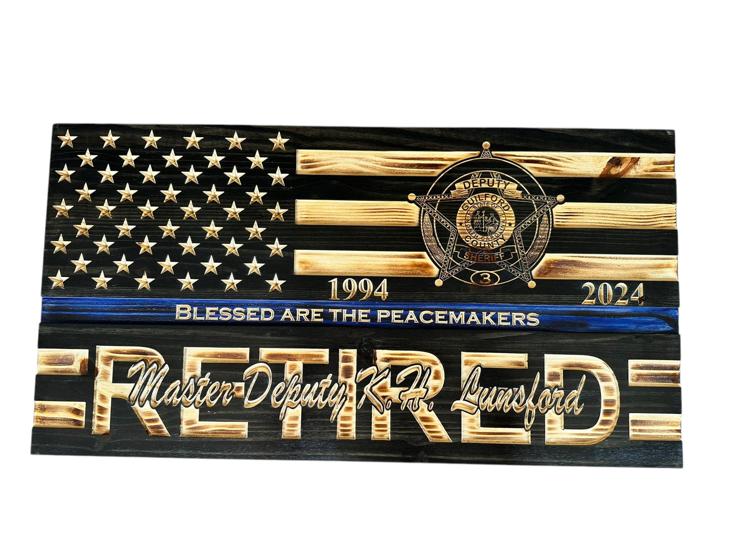 Custom Retirement Wooden American Flag with Engraved Badges