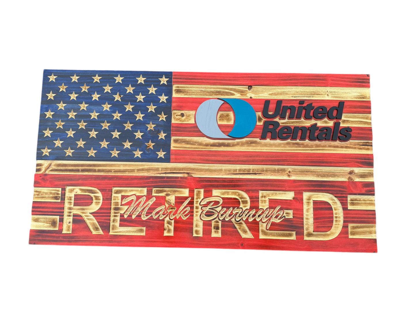 Custom Retirement Wooden American Flag with Engraved Badges