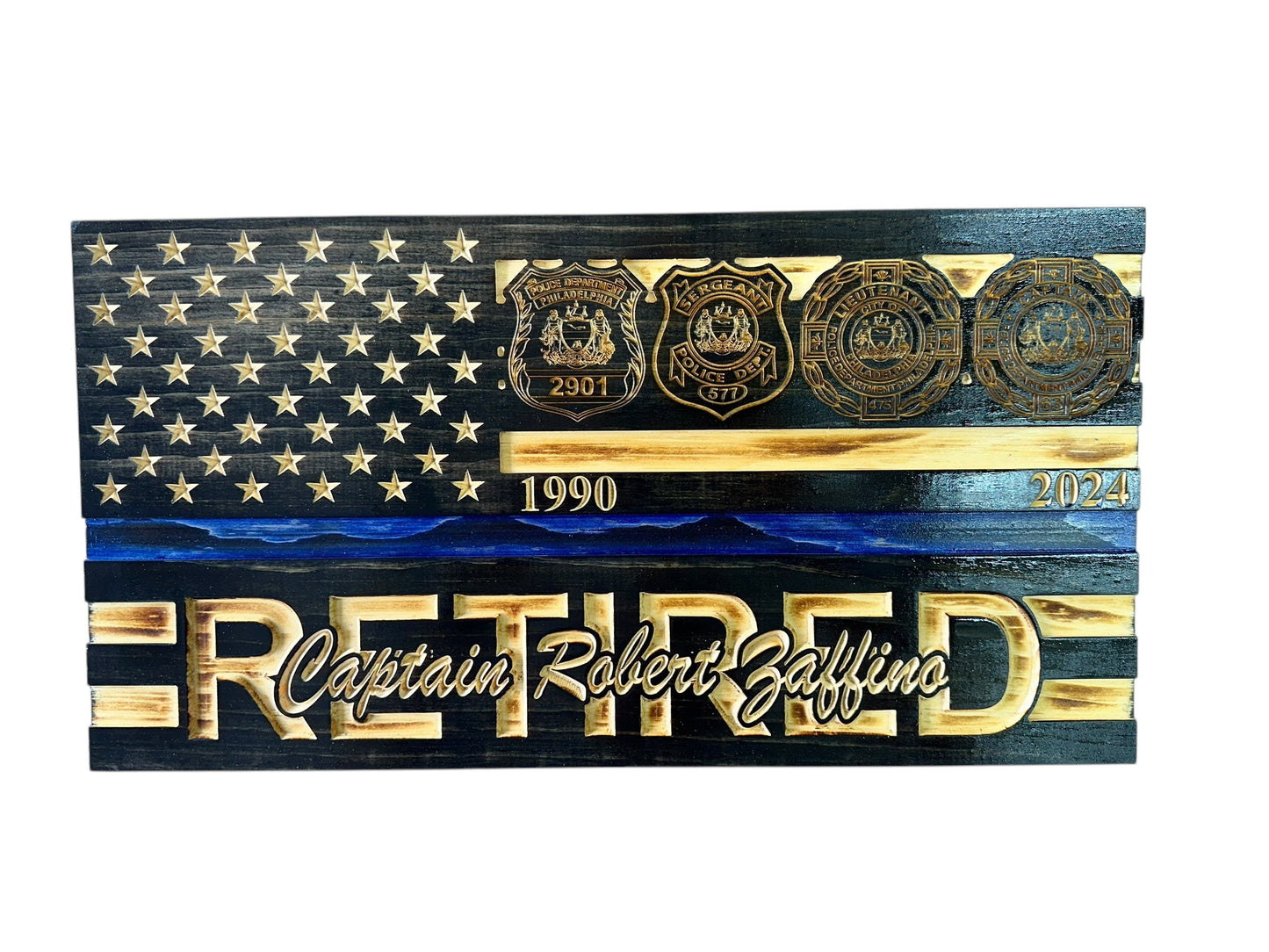 Custom Retirement Wooden American Flag with Engraved Badges