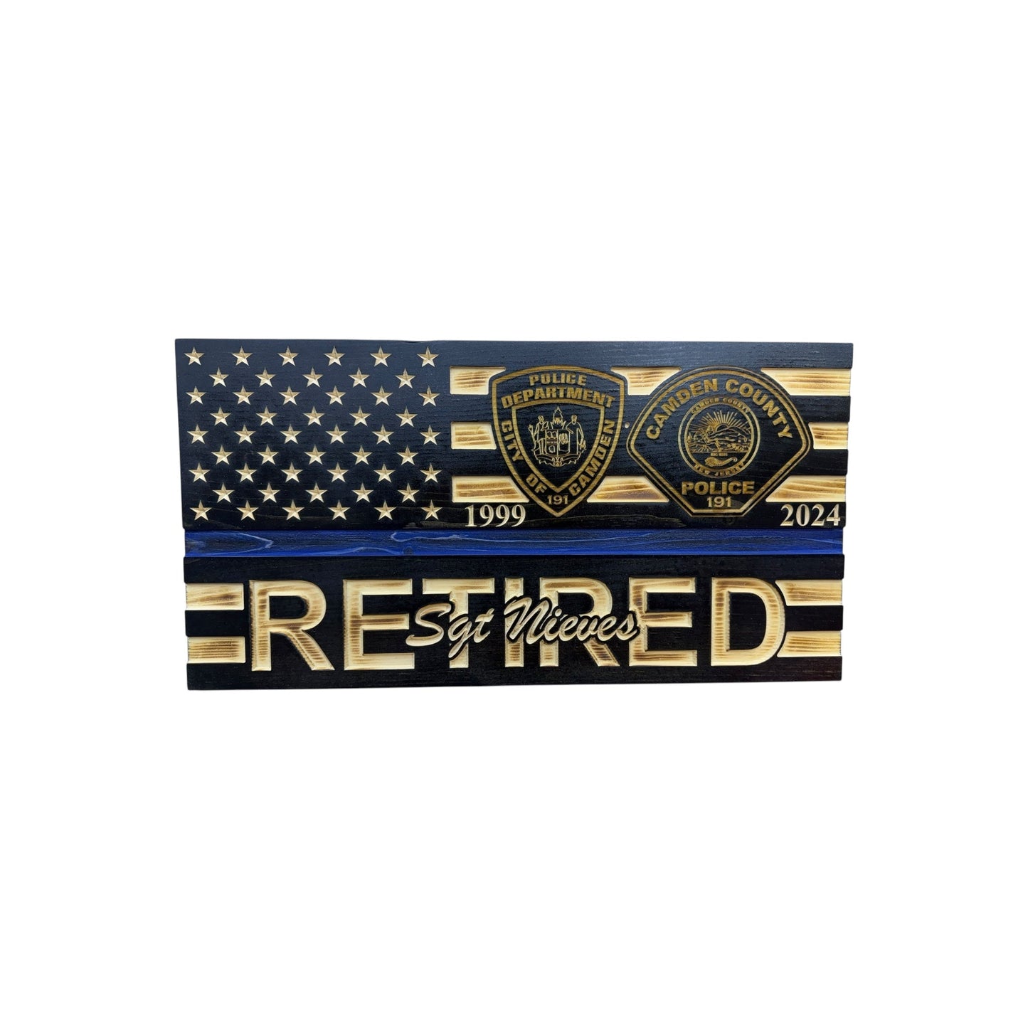 Custom Retirement Wooden American Flag with Engraved Badges