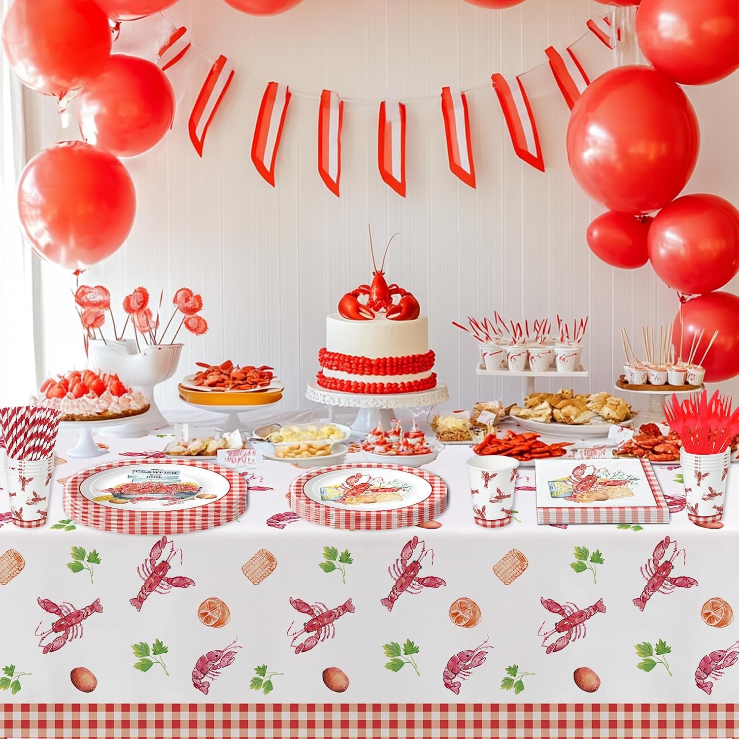 Crawfish Boil Party Supplies, Lobster Crab Seafood Boil Party Decorations Tableware for Birthday Baby Shower, Paper Plate, Cup, Napkin, Tablecloth, Disposable Cutlery, Serves 24