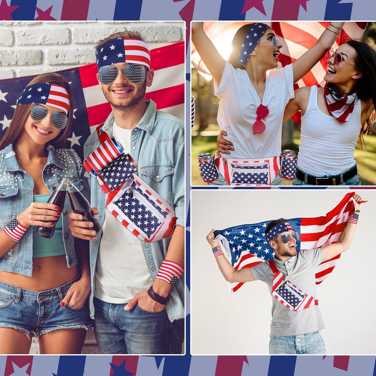 9 Pcs 4Th of July Fanny Pack American Flag Overalls 250 Years Patriotic American Flag Fanny Pack Beer Belt Suspenders Drink Holder Headband Wristband(Classic Style)