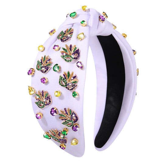 Mardi Gras Headband for Women Crown Fleur De Lis Mask Headbands Green Purple Gold Rhinestone Pearl Jeweled Knotted Headband Mardi Gras Accessories Outfits Carnival Parade Party Favors (Mask a - White)