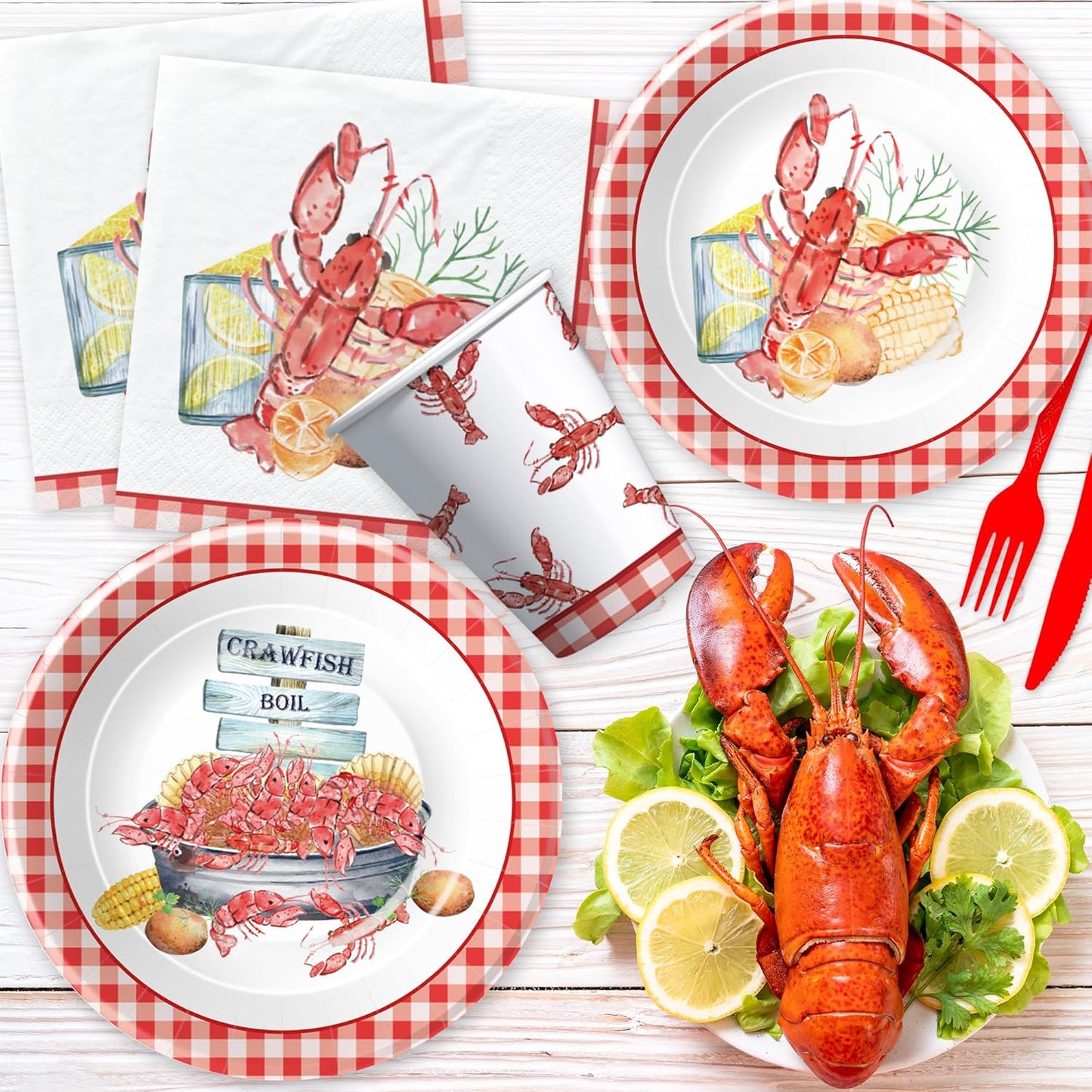 Crawfish Boil Party Supplies, Lobster Crab Seafood Boil Party Decorations Tableware for Birthday Baby Shower, Paper Plate, Cup, Napkin, Tablecloth, Disposable Cutlery, Serves 24
