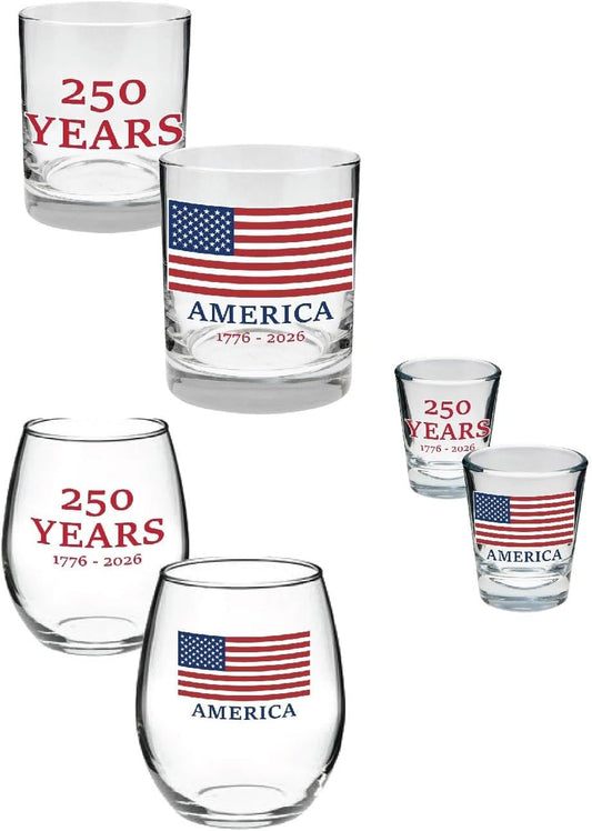 250 Years of America 6-Piece Glassware Combo Set - Patriotic 1776-2026 American Flag Anniversary Design - 2 Wine, 2 Rocks, 2 Shot Glasses - Collector’S Drinkware