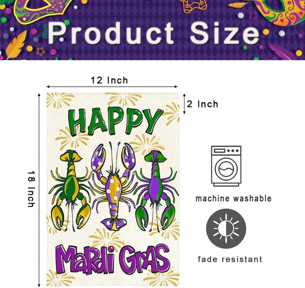 Happy Mardi Gras Crawfish Garden Flag 12X18 Inch Double Sided Outdoor Decoration, Fat Tuesday Lobster New Orleans Carnival Party Supplies Purple Green Gold Festival Accessories
