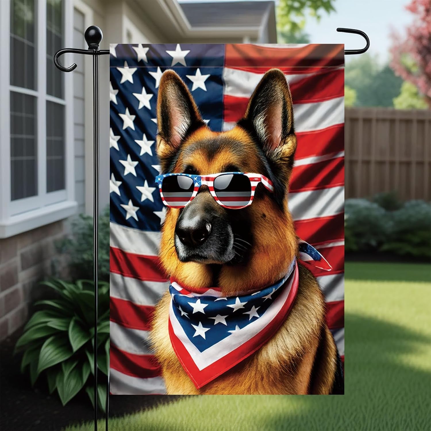 Patriotic 4Th of July Garden Flag German Shepherd Dog American Flag Glasses 12X18 Inch Double Sided Seasonal Summer Yard Flag Outdoor Decoration for Porch Lawn Patio Independence Day