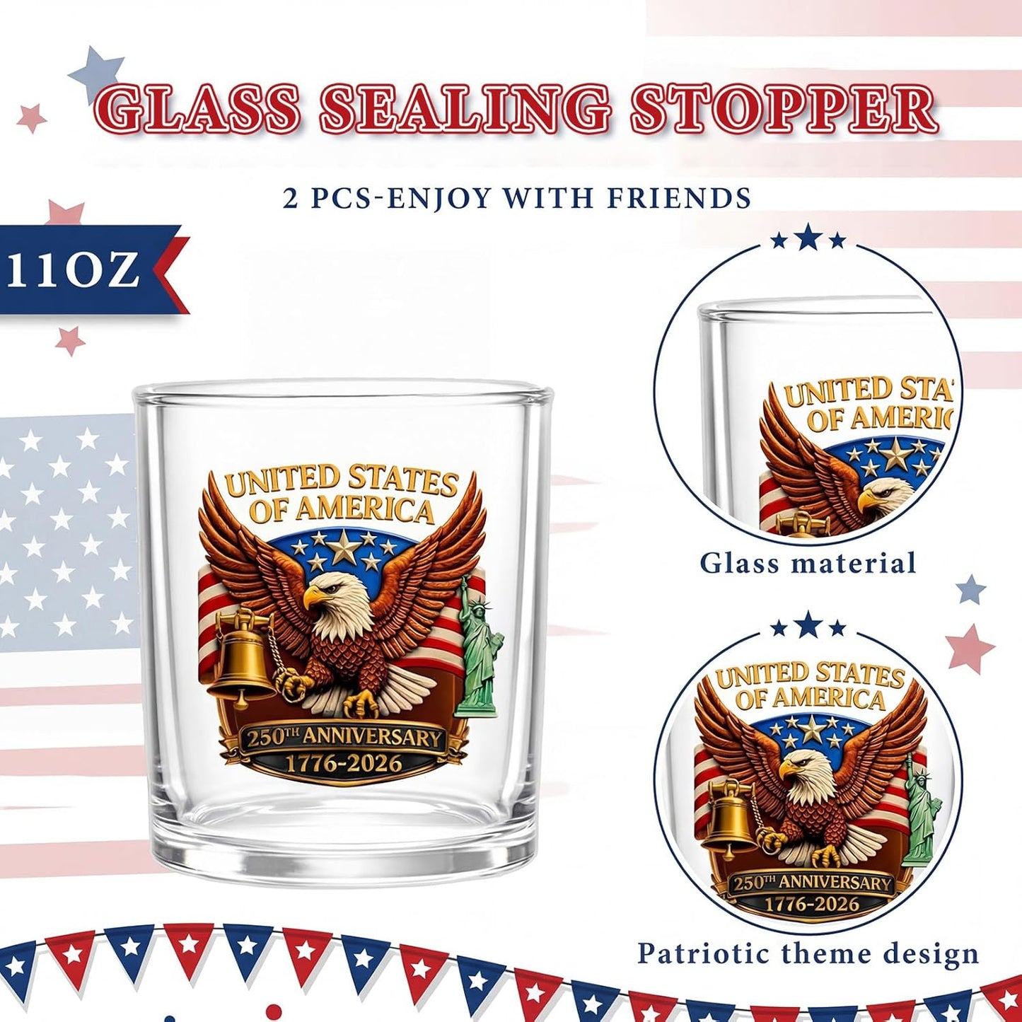 250Th Anniversary Whiskey Decanter Set with 2 Glasses, Patriotic Gift 25Oz 1776-2026 Liquor Bourbon Decanter American Flag Bottle & Glass Independence Day Gift for Men Dad Coworker Lover